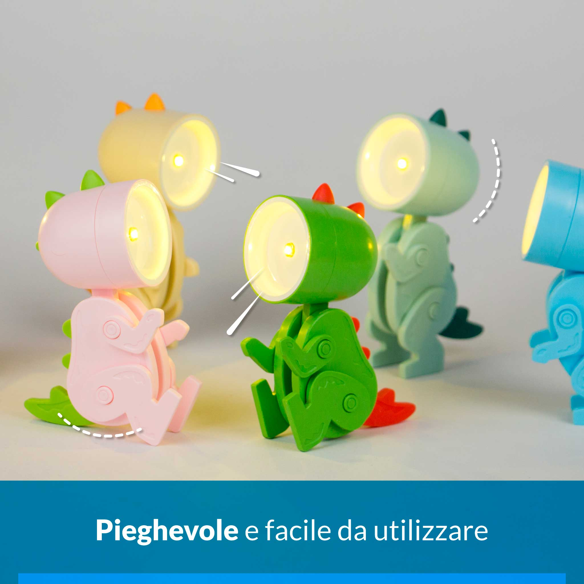 Diverse lucine notturne a forma di dinosauro con teste illuminate.