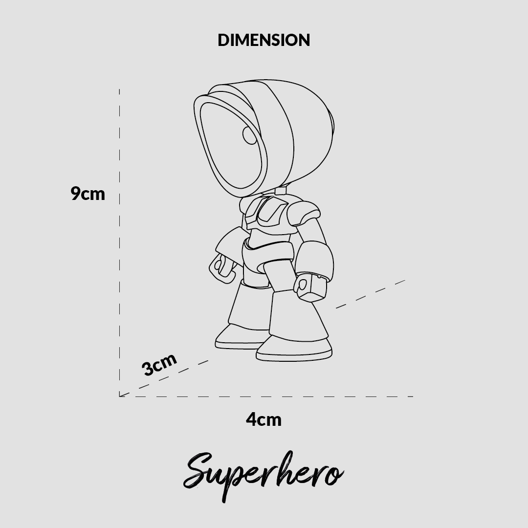 Un disegno al tratto di una figura di supereroe di 9 cm con dimensioni.