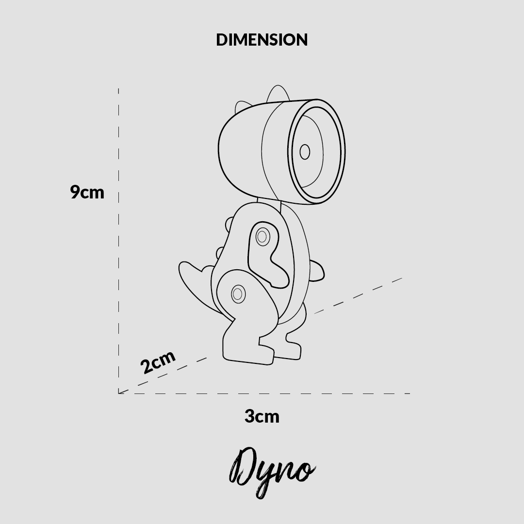 Figura di dinosauro, alto 9cm, largo 3cm, profondo 2cm. Nome: Dyno.