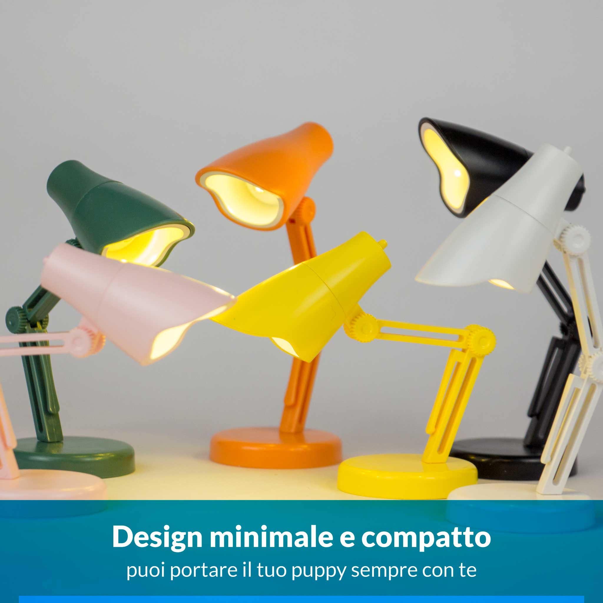 Sei lampade da scrivania colorate sono affiancate.