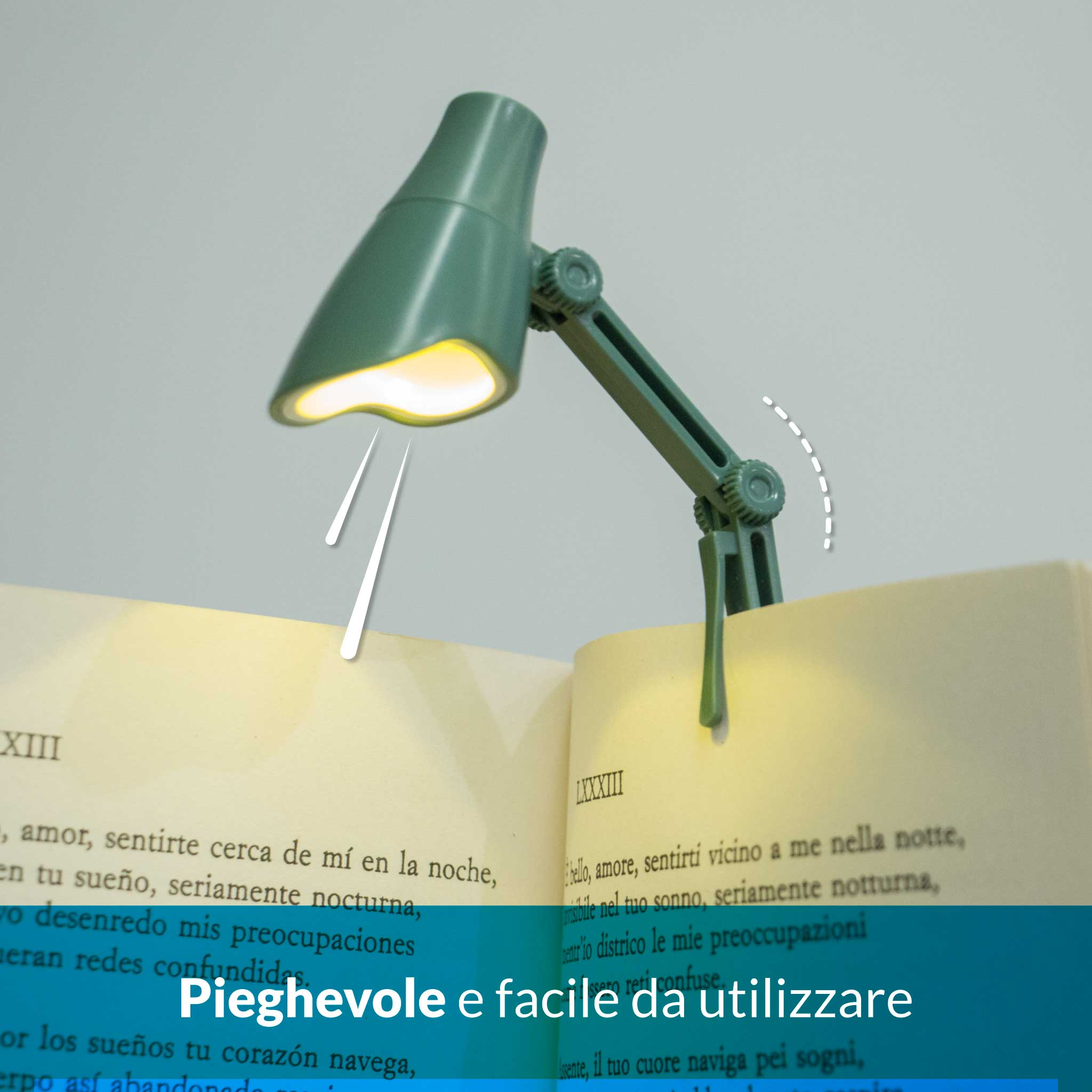 Una lampada da lettura verde illumina un libro aperto.
