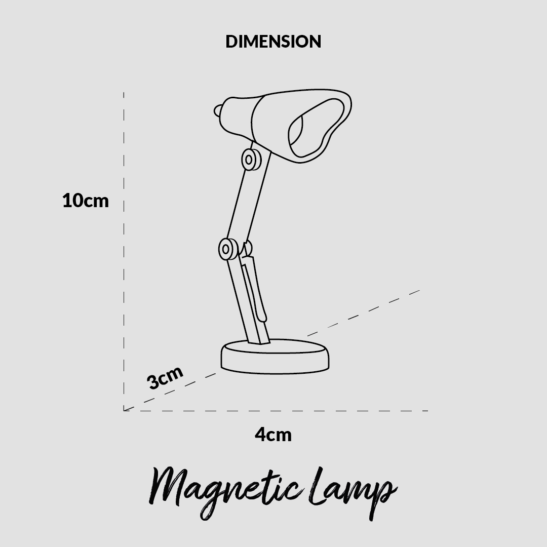 Disegno di una lampada magnetica con dimensioni: altezza 10cm, larghezza 3cm, lunghezza 4cm.