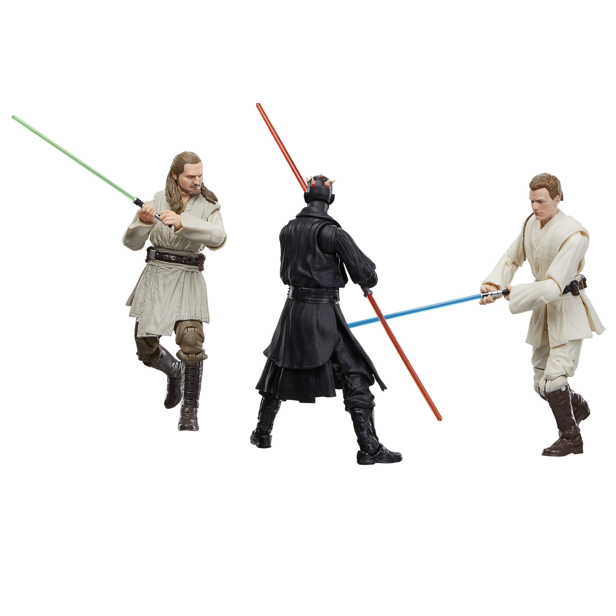 Işın kılıçlarıyla düello yapan üç Star Wars figürü: Qui-Gon Jinn, Darth Maul, Obi-Wan Kenobi.