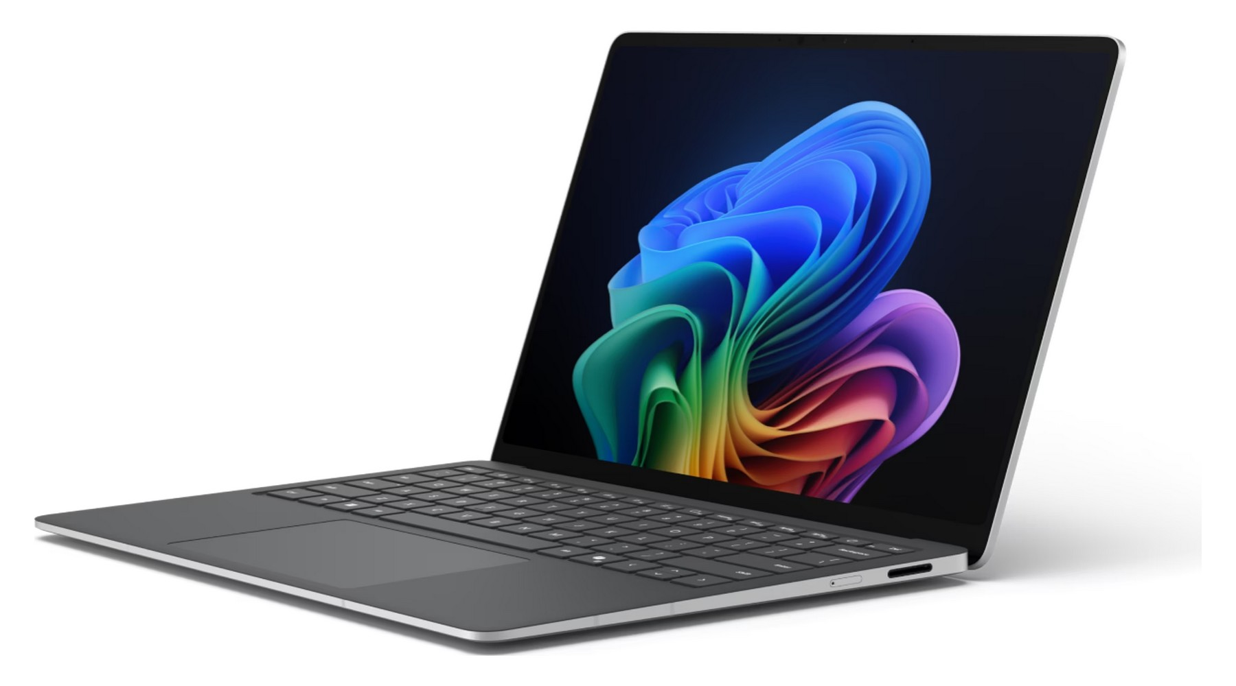 Un laptop aperto e sottile con uno sfondo astratto colorato sullo schermo.