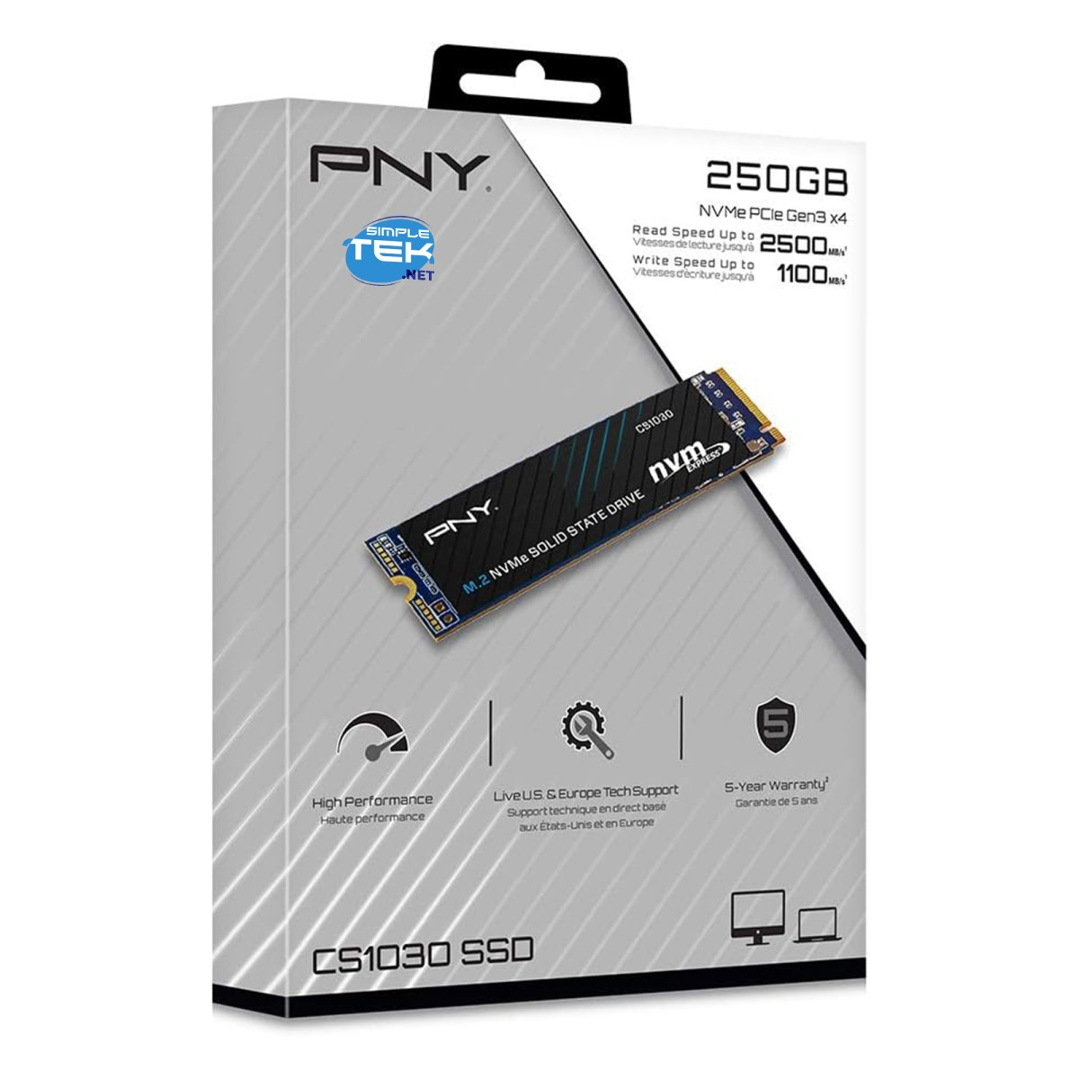 Opakowanie dysku SSD PNY CS1030 250 GB NVMe z grafiką.