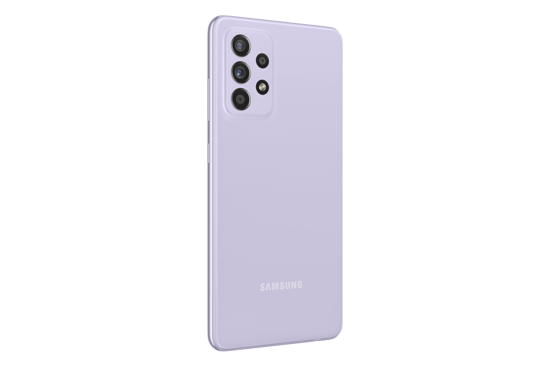 Jasnofioletowy smartfon Samsung z poczwórnym aparatem z tyłu.