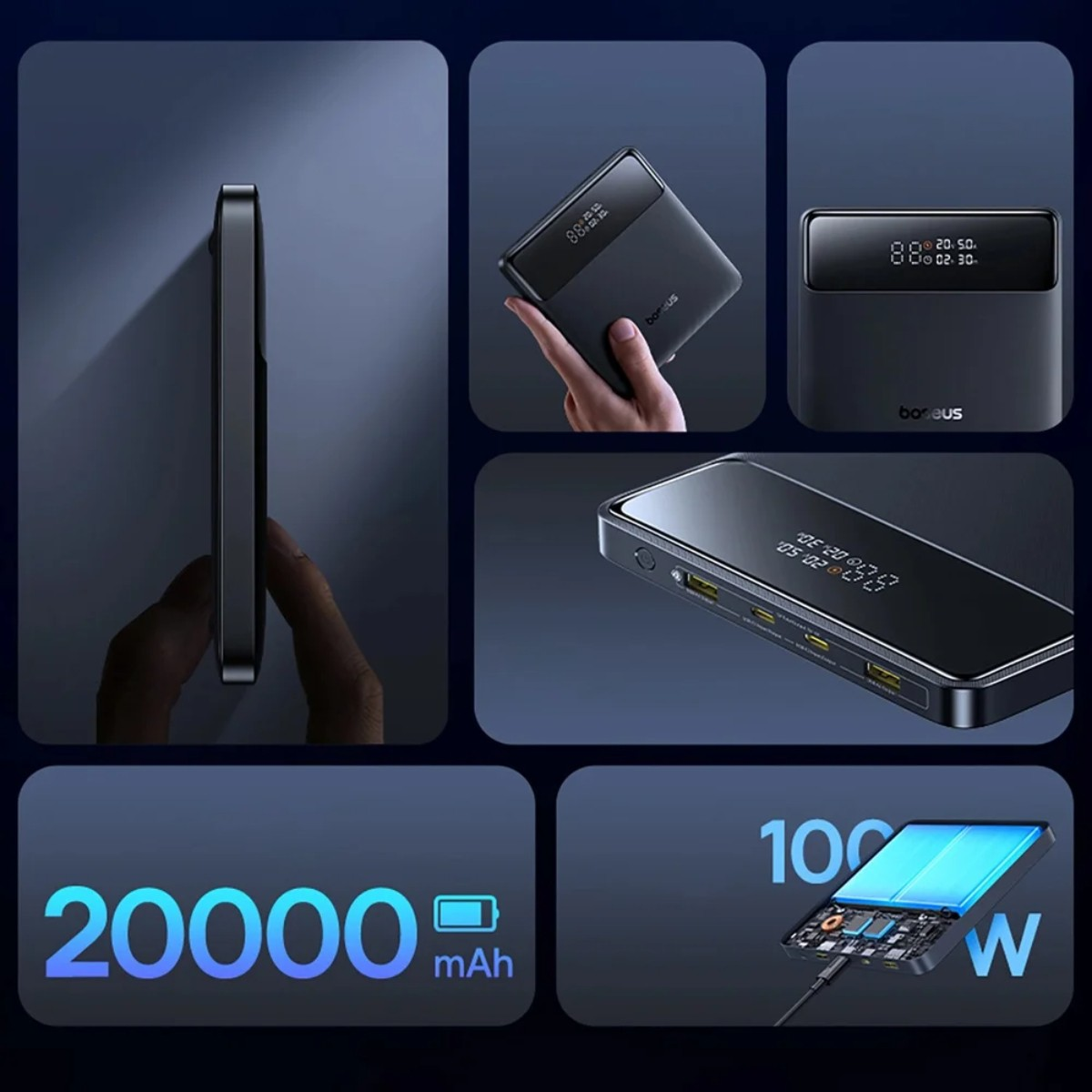 Zwarte 20000mAh 100W powerbank, vanuit meerdere hoeken getoond, met laadinfo.