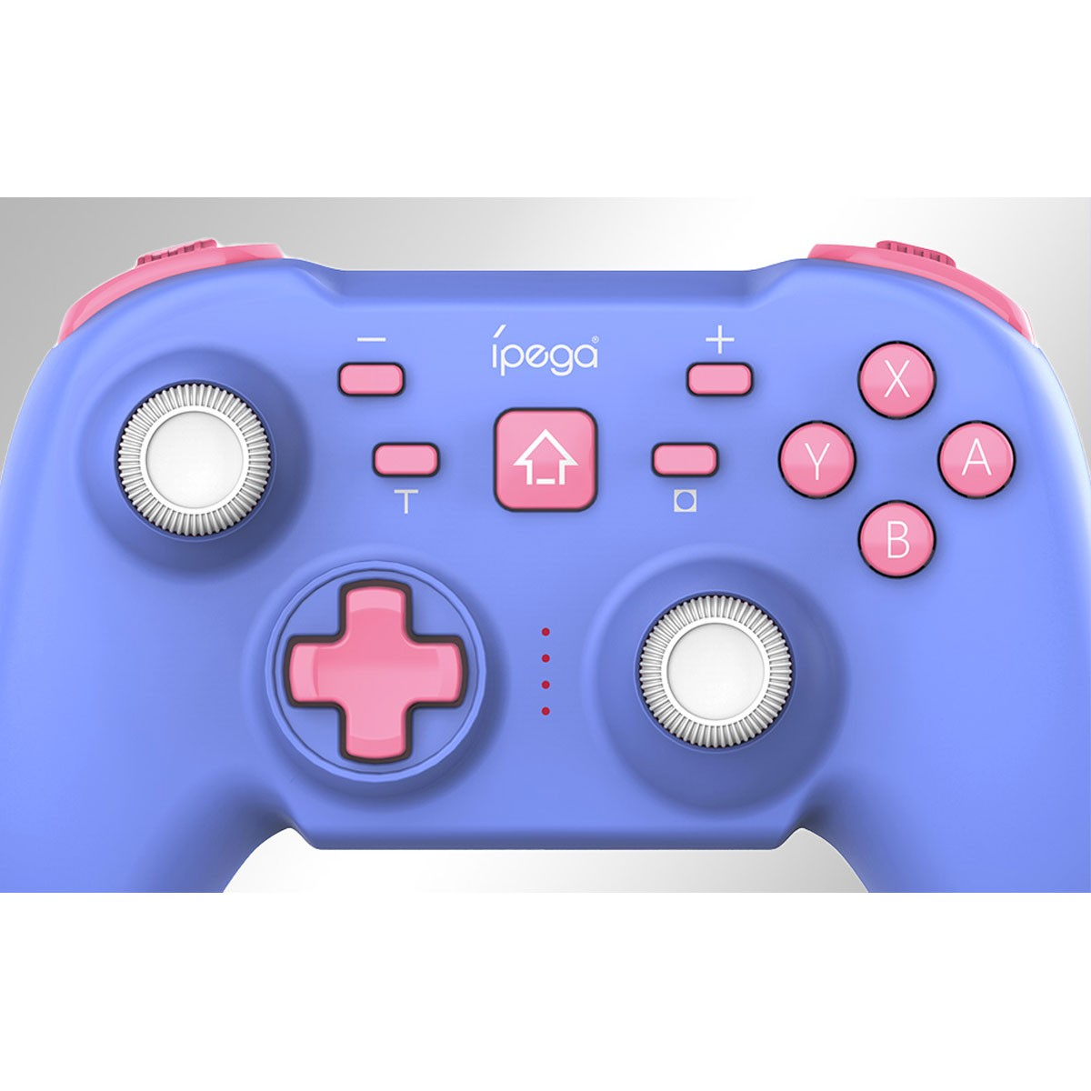 Un controller di gioco blu e rosa con pulsanti e joystick.