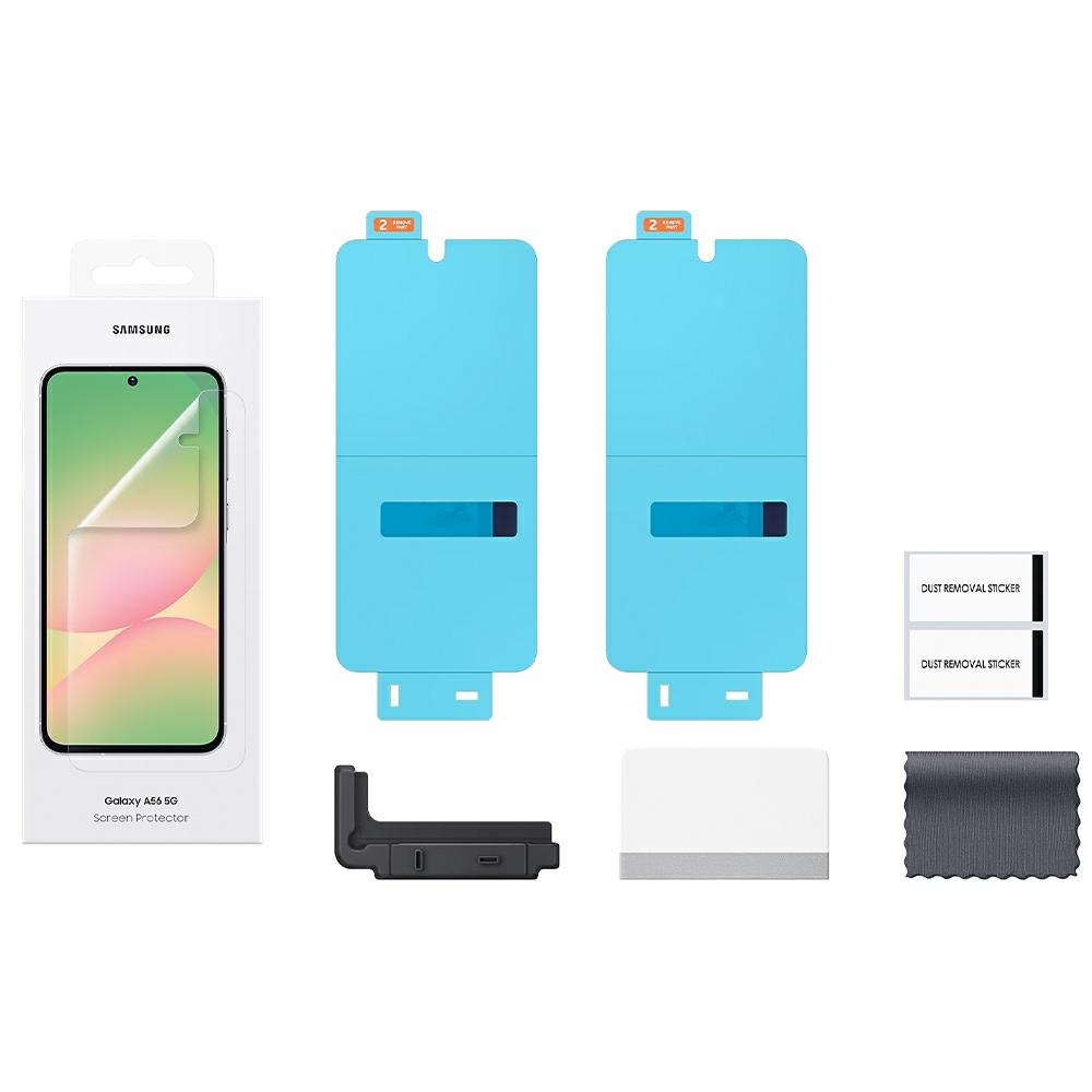 Samsung Galaxy A56 5G screenprotector kit met twee blauwe protectors, stickers, wisser en doek.