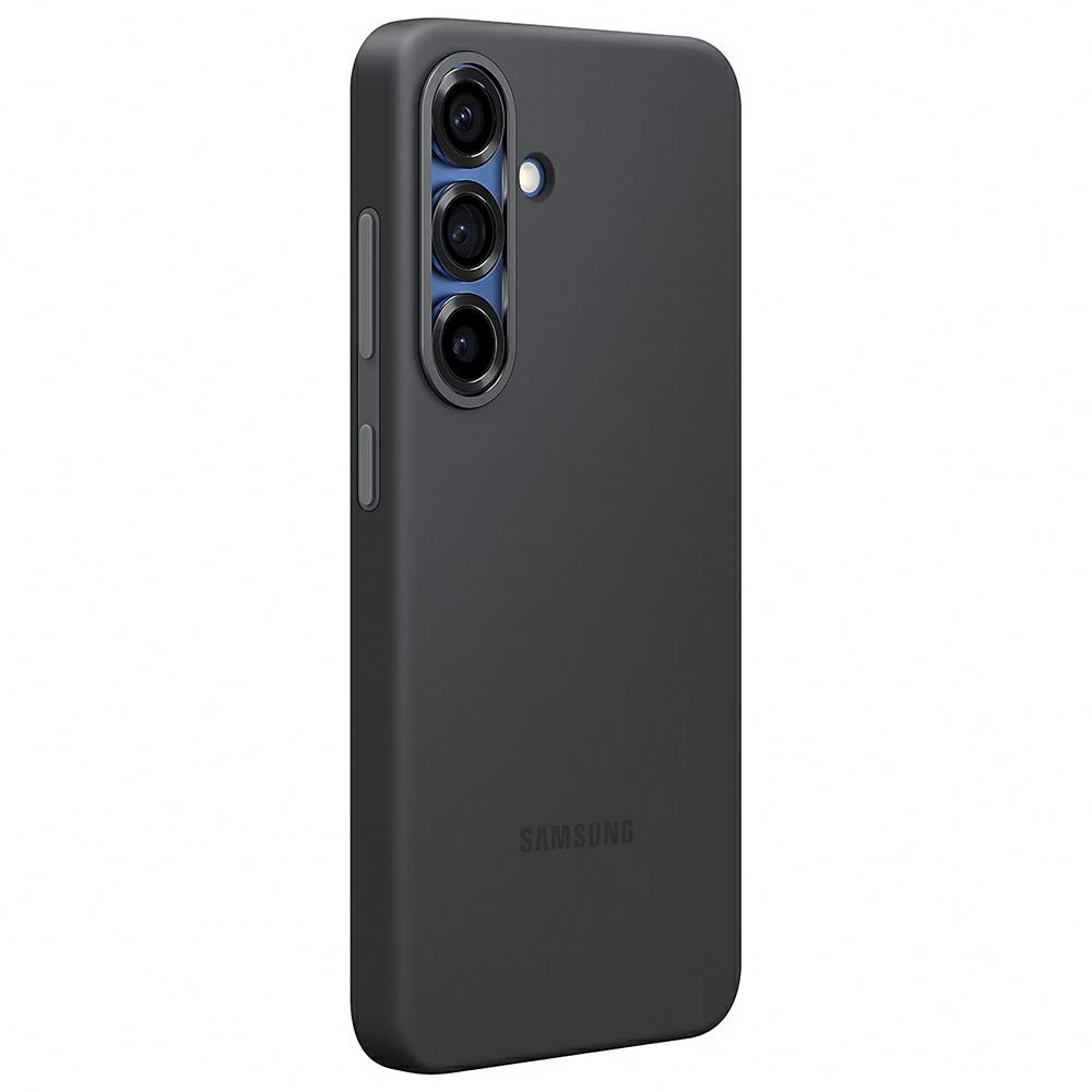 Custodia per telefono grigio scuro con tre ritagli per obiettivi.