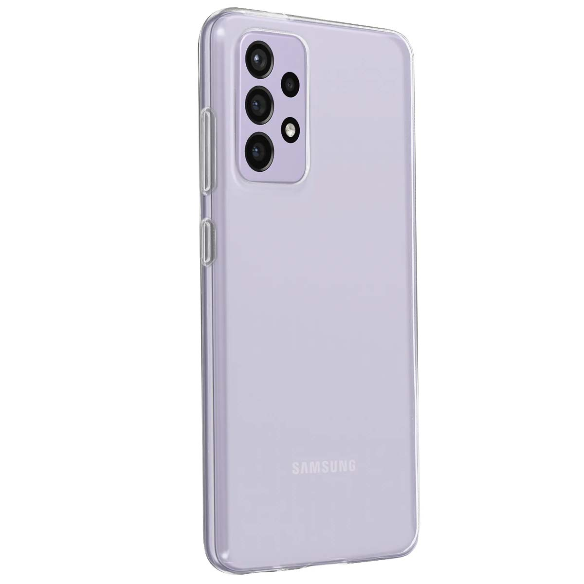 Una cover trasparente per telefono con logo Samsung sul retro.