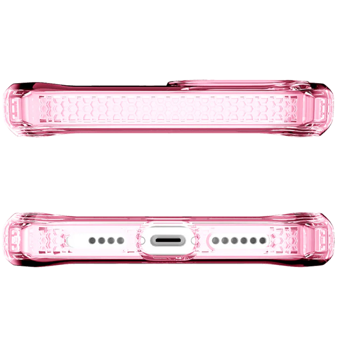 Custodia rosa trasparente con motivo a nido d'ape e porta di ricarica.