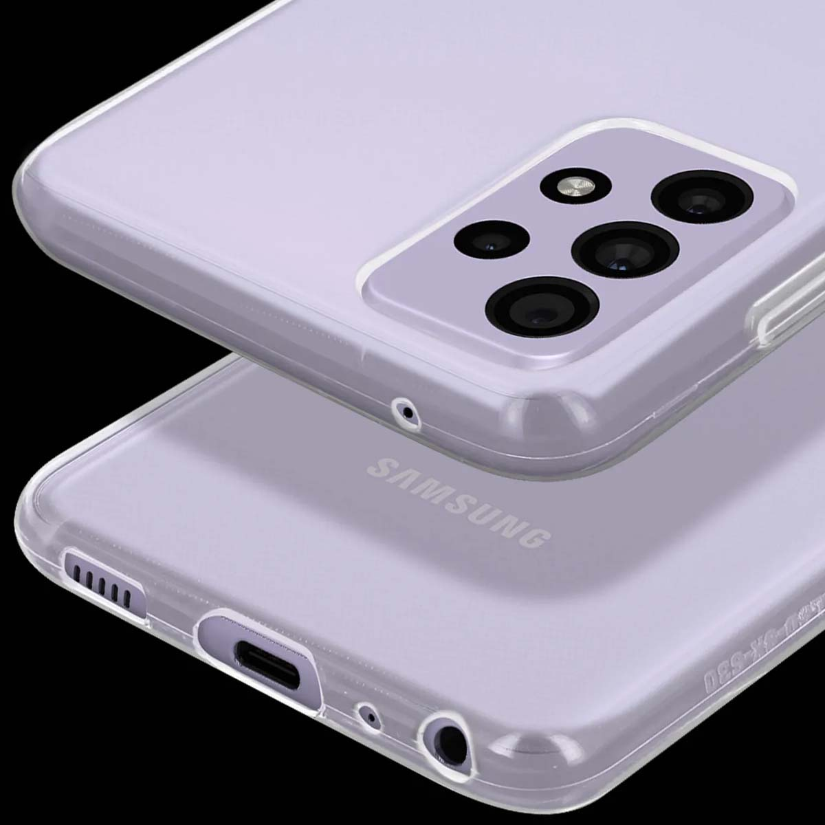 Uno smartphone Samsung viola in custodia trasparente su sfondo nero.