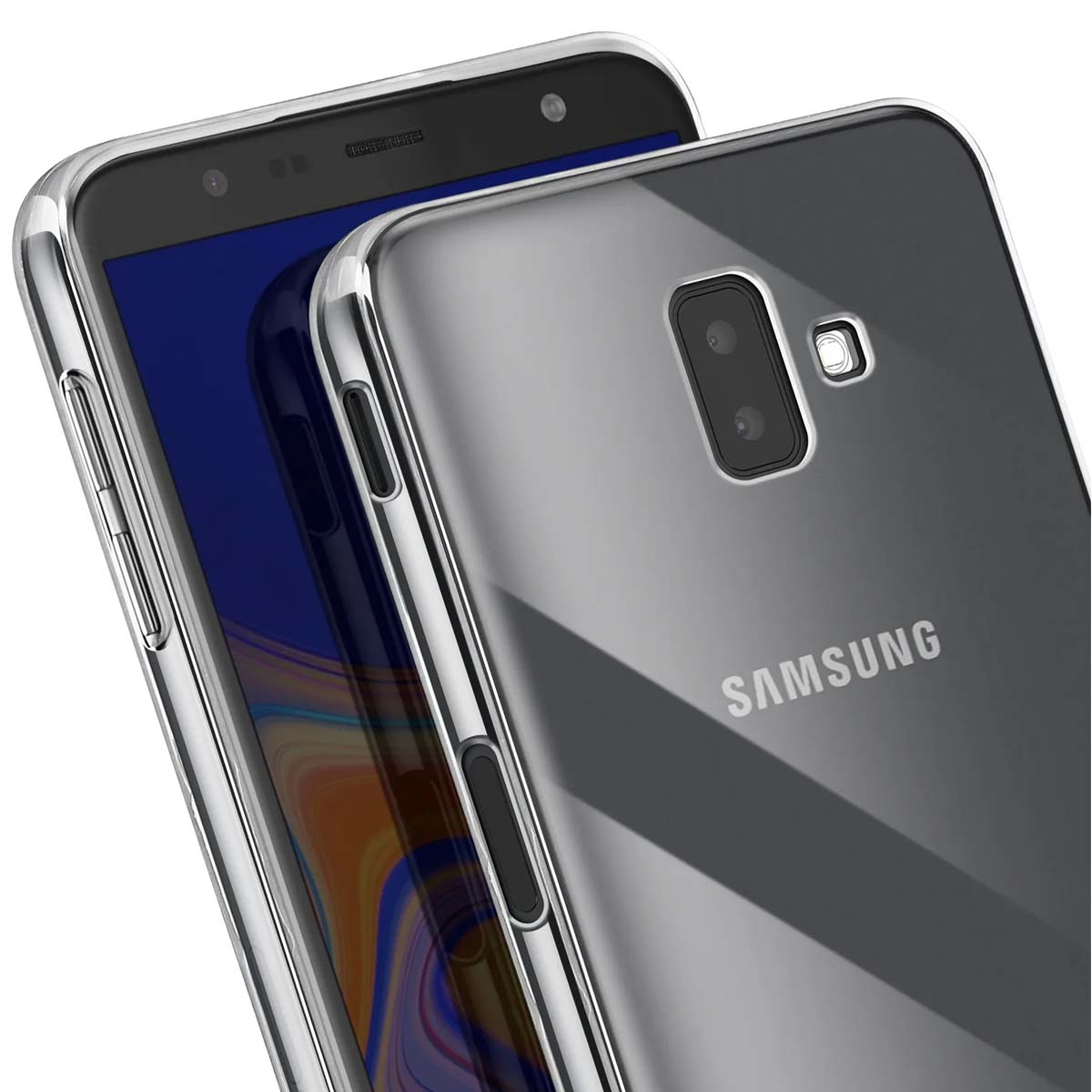 Due smartphone Samsung in custodie trasparenti con bordi argentati.