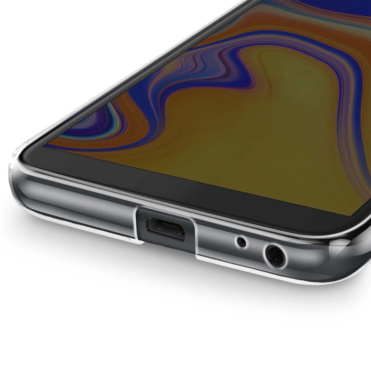 Una custodia trasparente per telefono mostra la porta USB-C e il jack per cuffie.