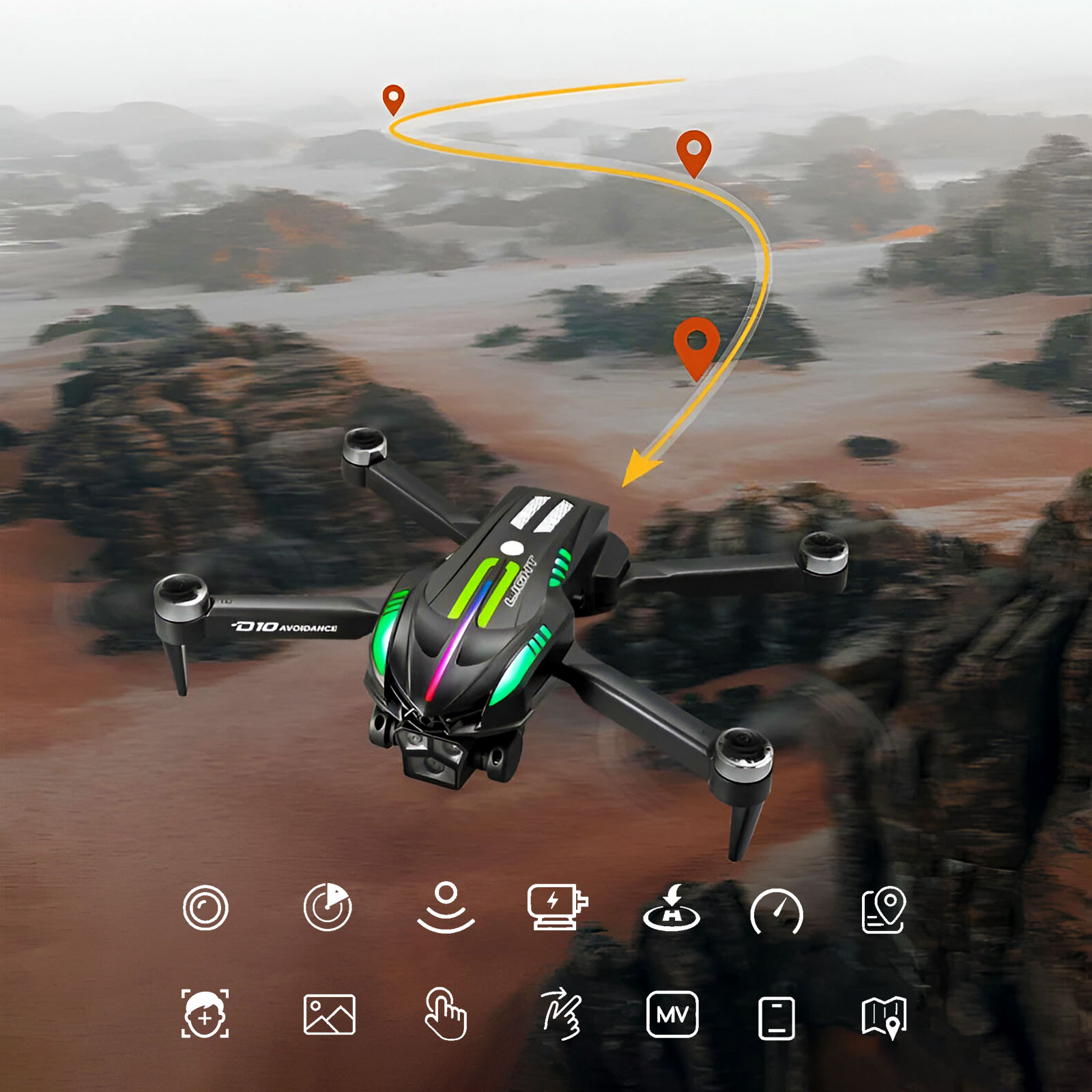 Drone negro vuela sobre rocas. Una línea amarilla muestra ruta de vuelo con pines.