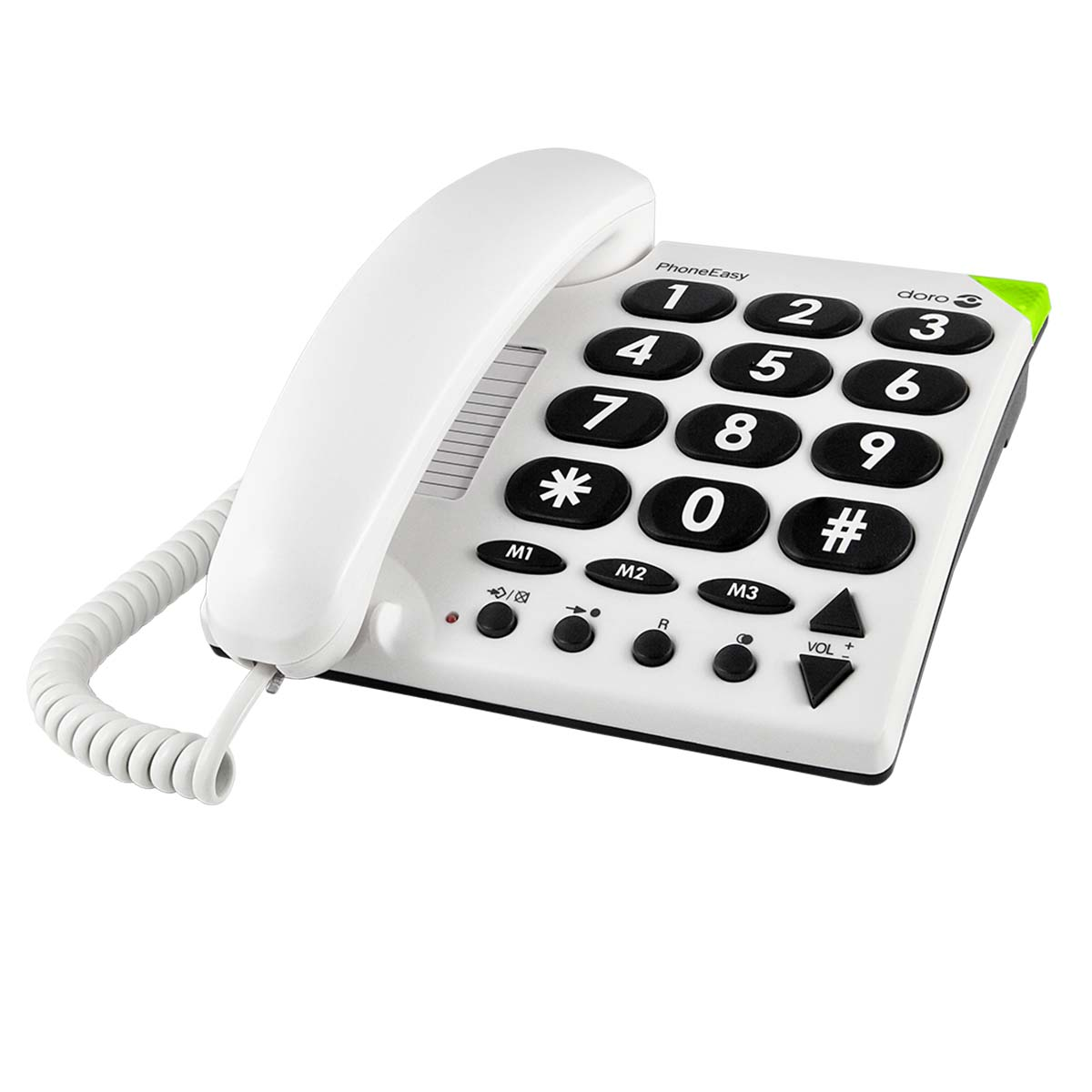 Ein weißes Telefon mit großen Tasten und einem Hörer.