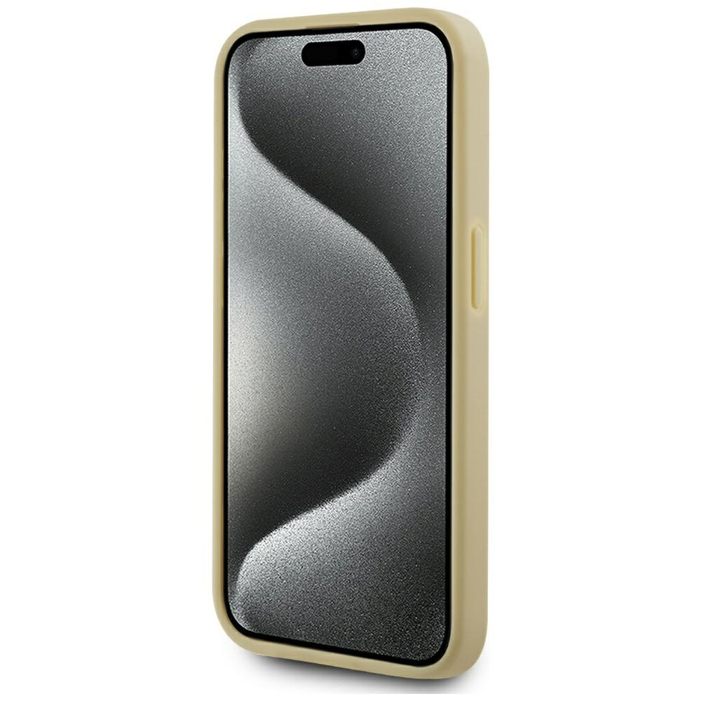Ein beige Handyhülle mit einem dunklen Bildschirm. Studioaufnahme.