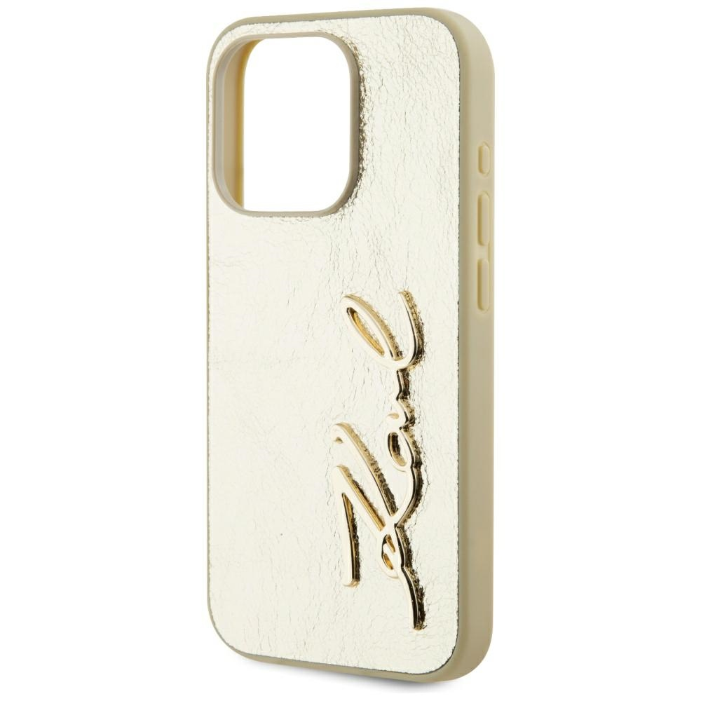 Goldene Handyhülle mit geprägtem Logo auf weißem Hintergrund.