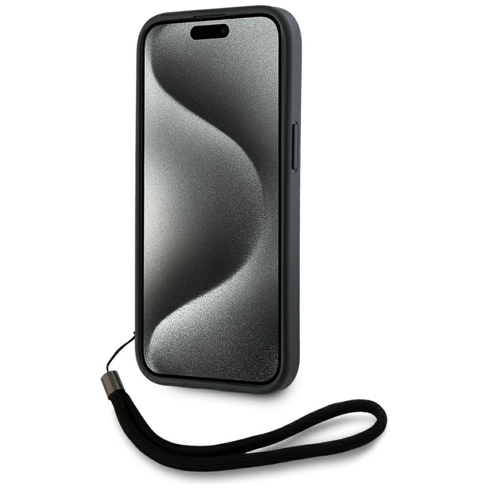 Una custodia nera per telefono con cinturino da polso è mostrata su sfondo bianco.