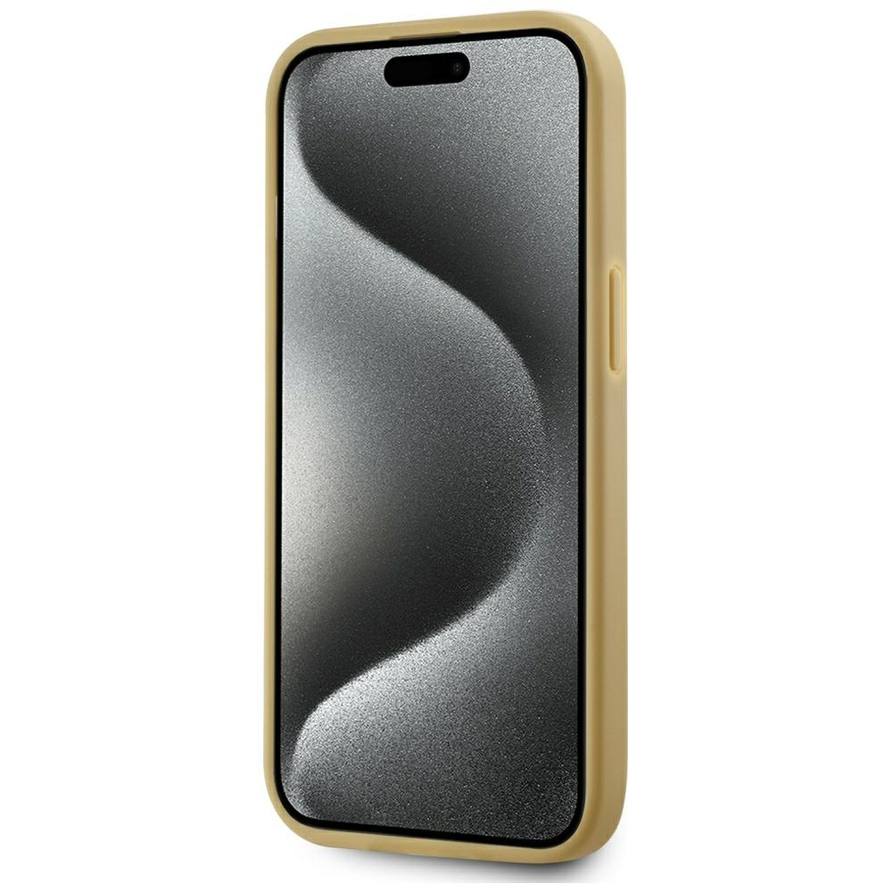 Una custodia gialla per smartphone con uno sfondo grigio ondulato sullo schermo.