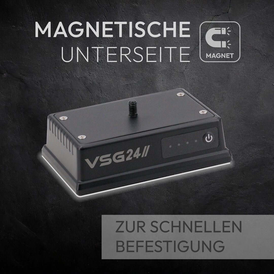 Schwarzes magnetisches VSG24/1 Gehäuse mit Schraube oben und Power-Symbol.