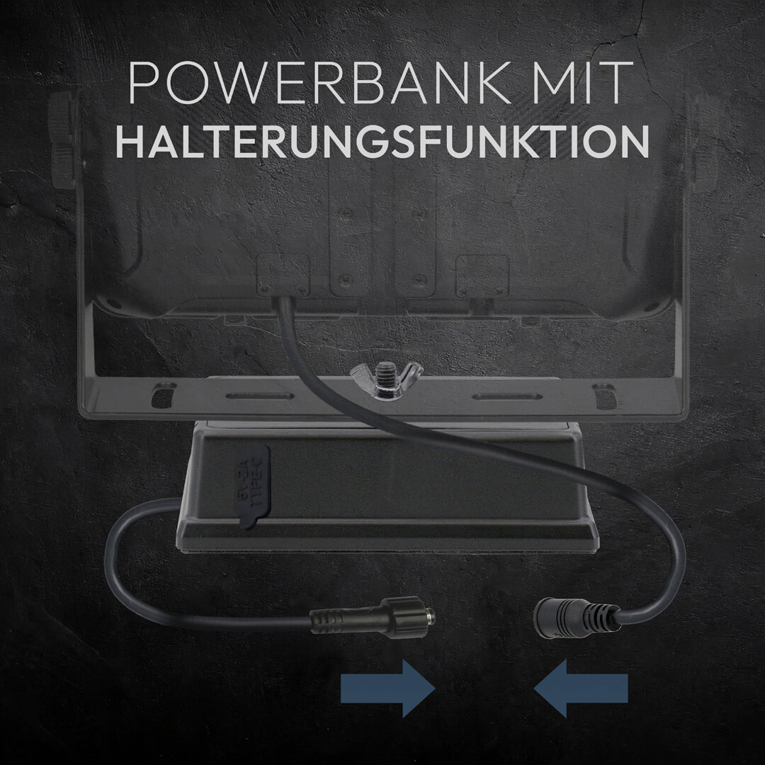 Powerbank mit Halterungsfunktion, Kabel und Anschlussstecker.