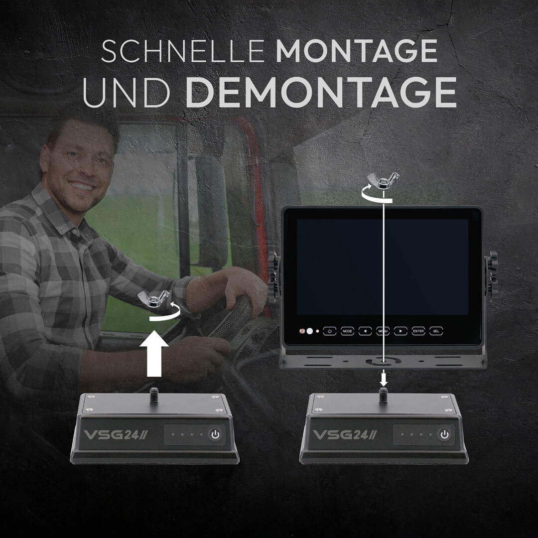 Mann im LKW-Führerhaus montiert Bildschirm. Schnelle Montage/Demontage.
