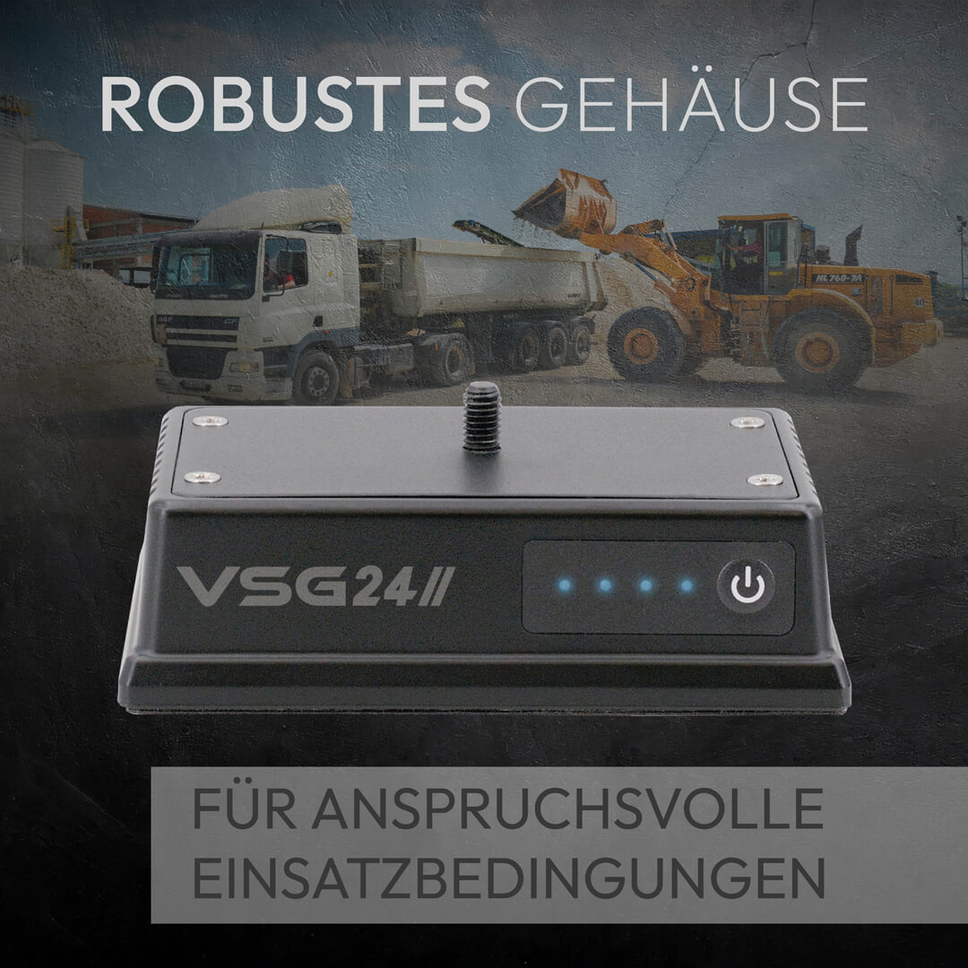 Robustes Gehäuse mit Baustellenfahrzeugen im Hintergrund.