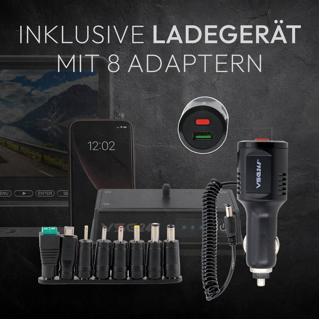 Ladegerät mit 8 Adaptern, Smartphone und Autoladegerät auf dunklem Hintergrund.
