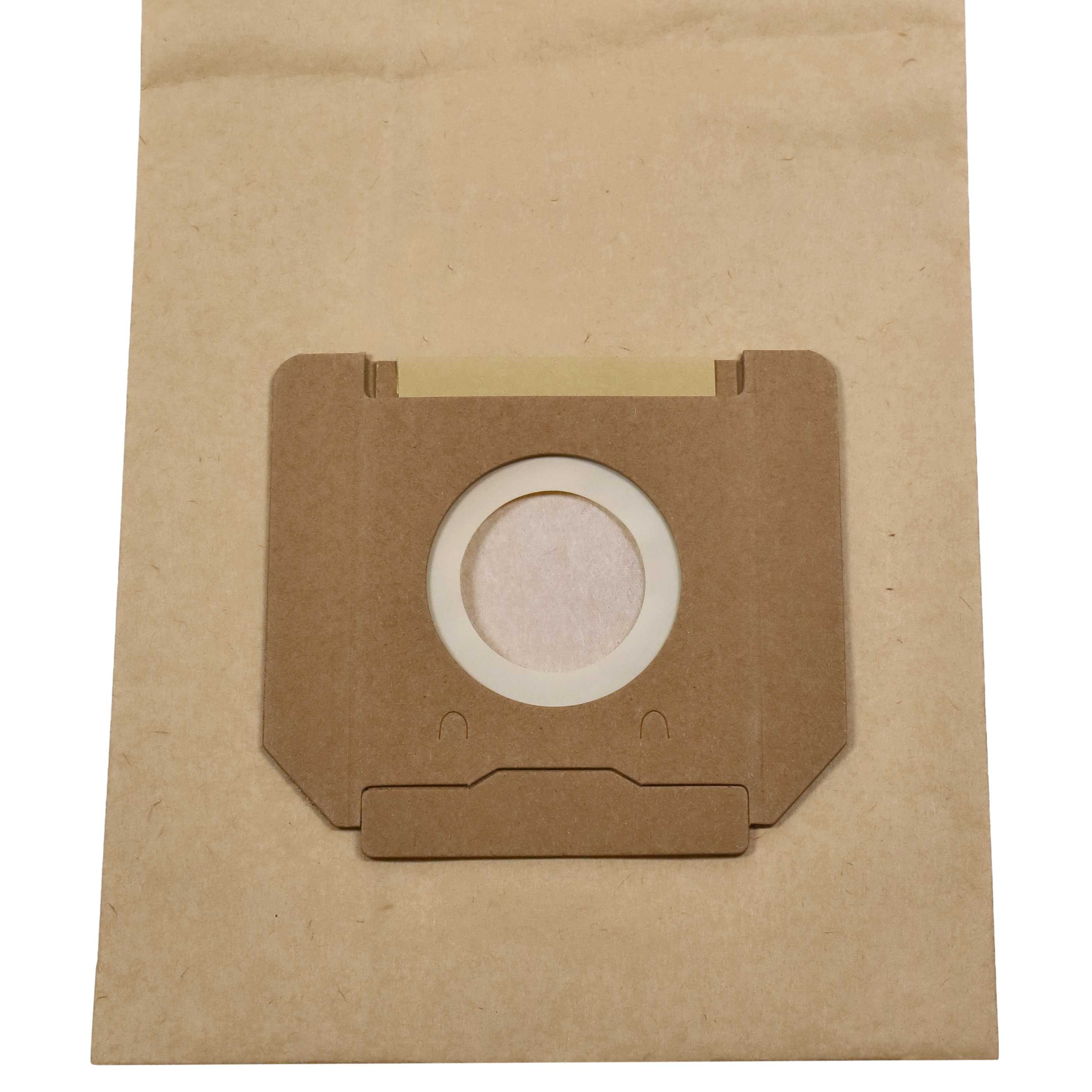 Ein brauner Papierstaubsaugerbeutel mit einem runden weißen Ausschnitt und Klebeband.