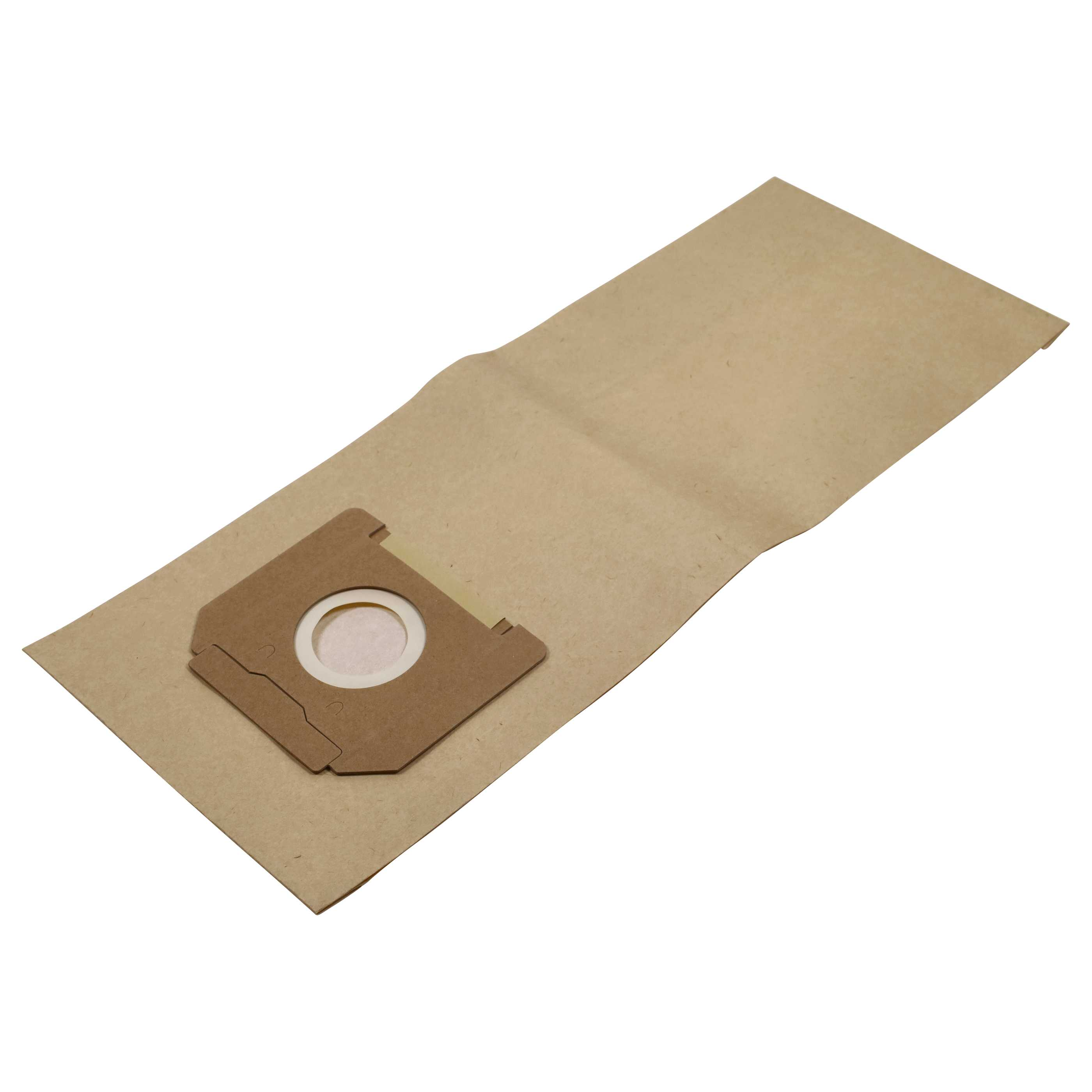 Ein beigefarbener Staubsaugerbeutel aus Papier mit einem runden weißen Anschluss.