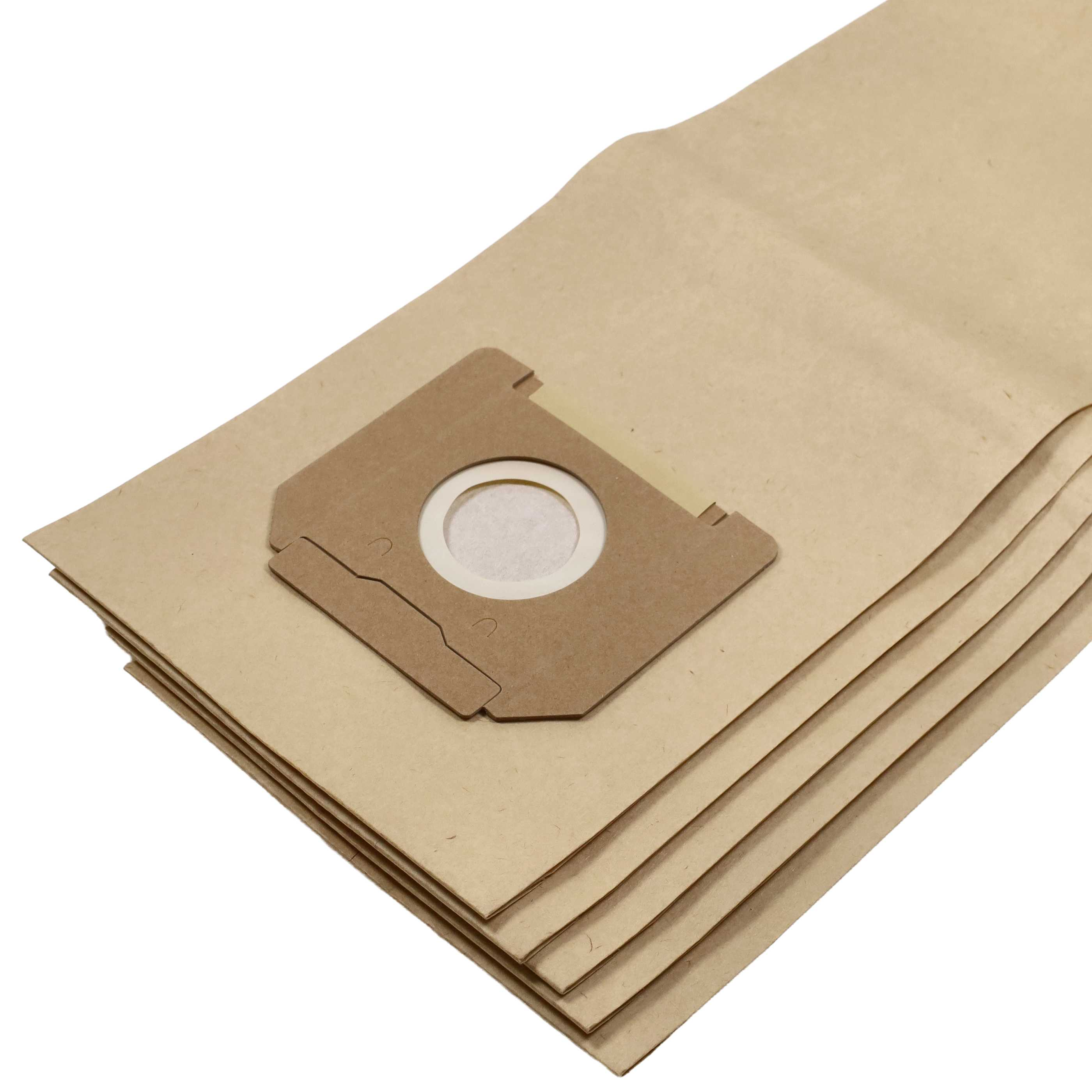Mehrere braune Papierstaubsaugerbeutel mit weißem Anschluss liegen übereinander.