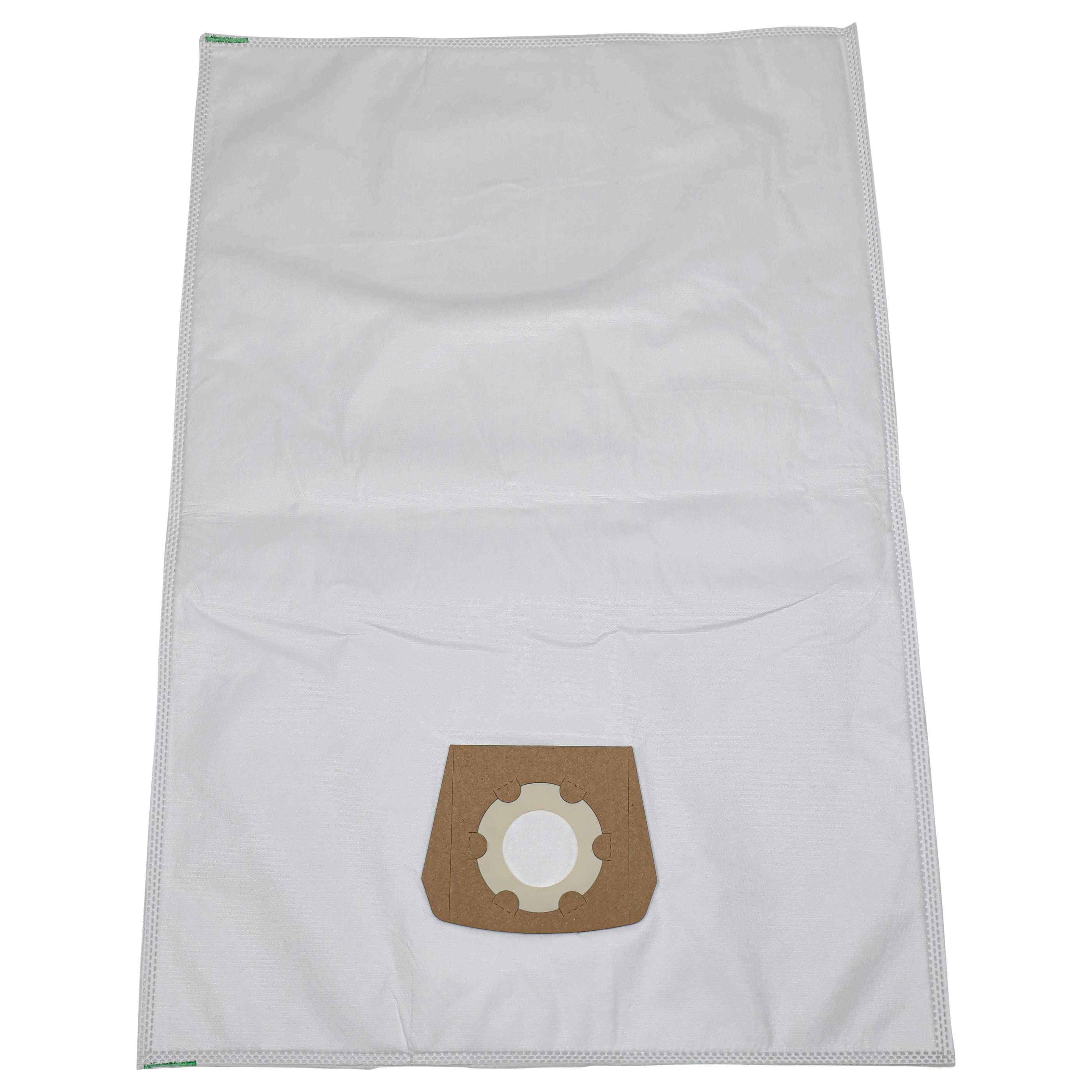 Ein weißer Staubsaugerbeutel mit braunem Anschlussstück aus Pappe.