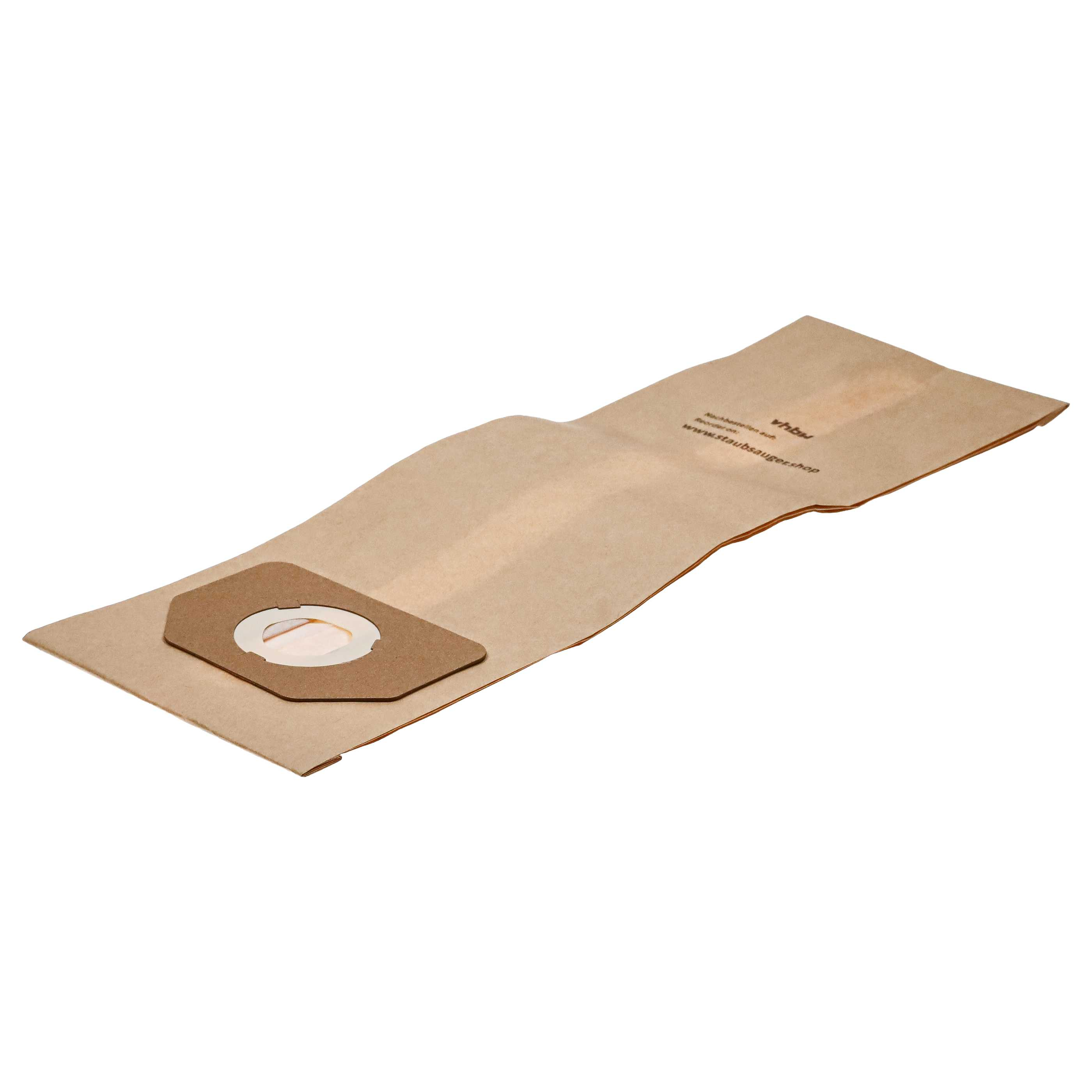 Ein brauner Staubsaugerbeutel aus Papier mit einem runden Anschluss und einem Webseiten-Aufdruck.