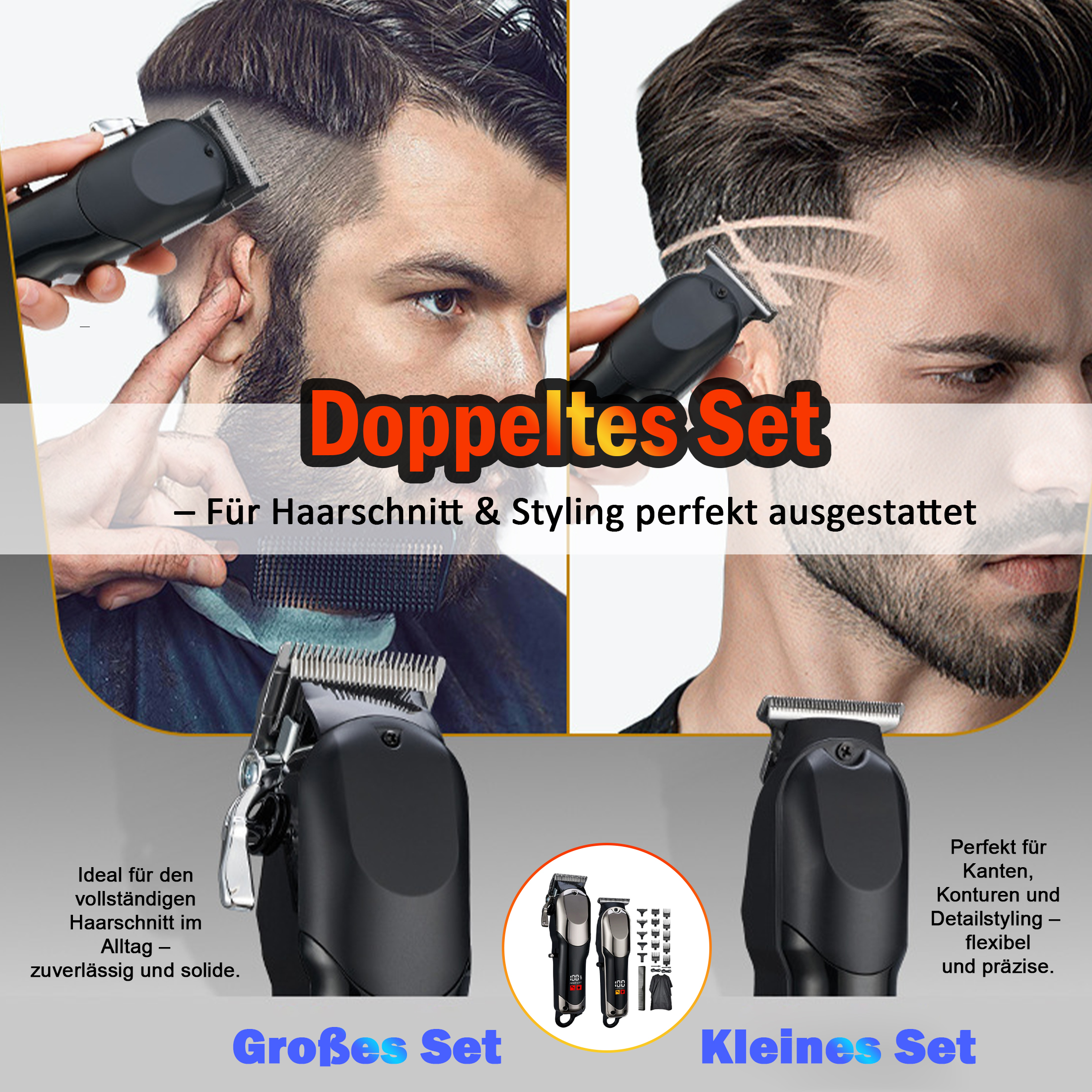 Zwei Haarschneider-Sets: Groß und Klein, für präzises Schneiden und Styling.