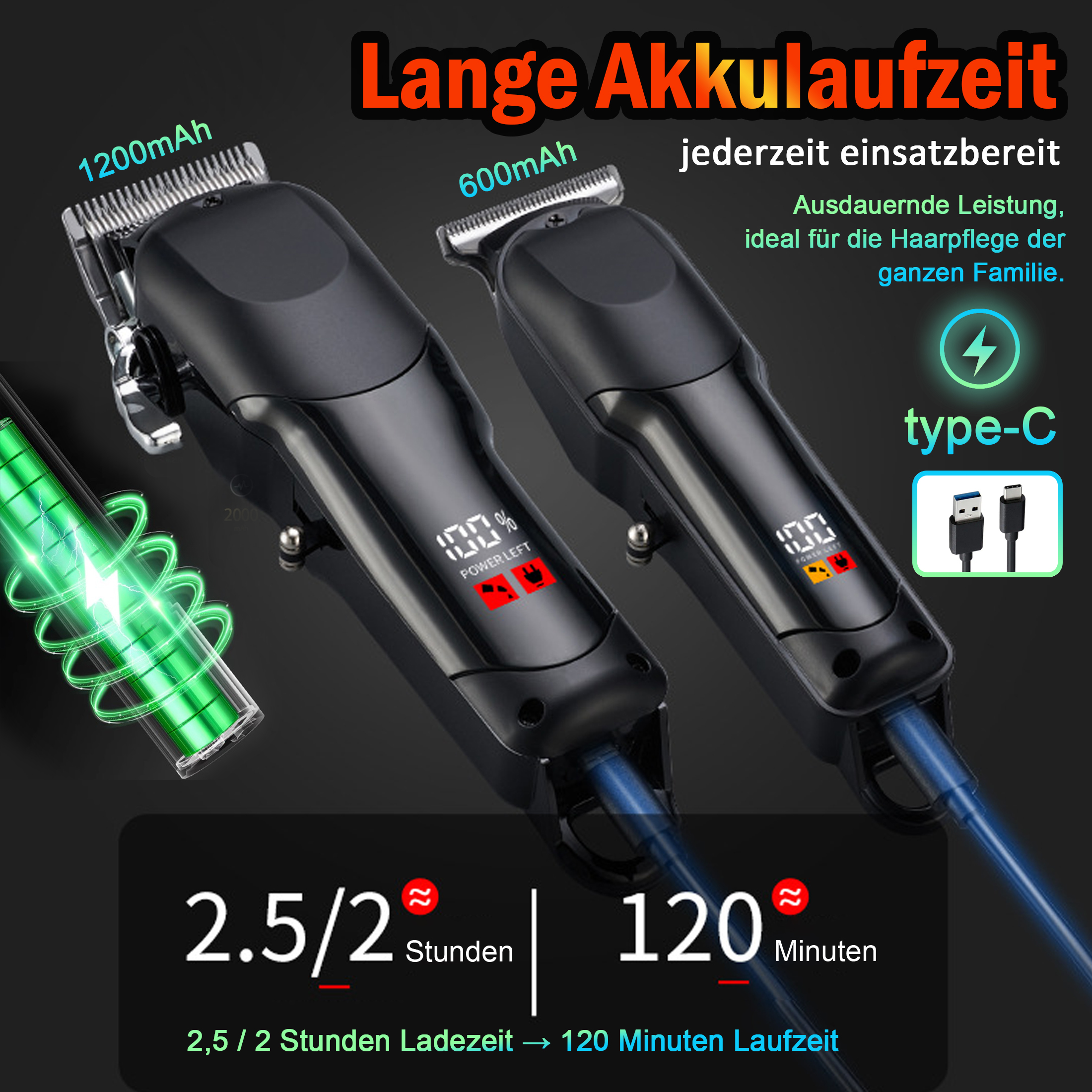 Zwei schwarze Haarschneider mit digitalen Displays, die Ladezeit und Akkulaufzeit anzeigen.