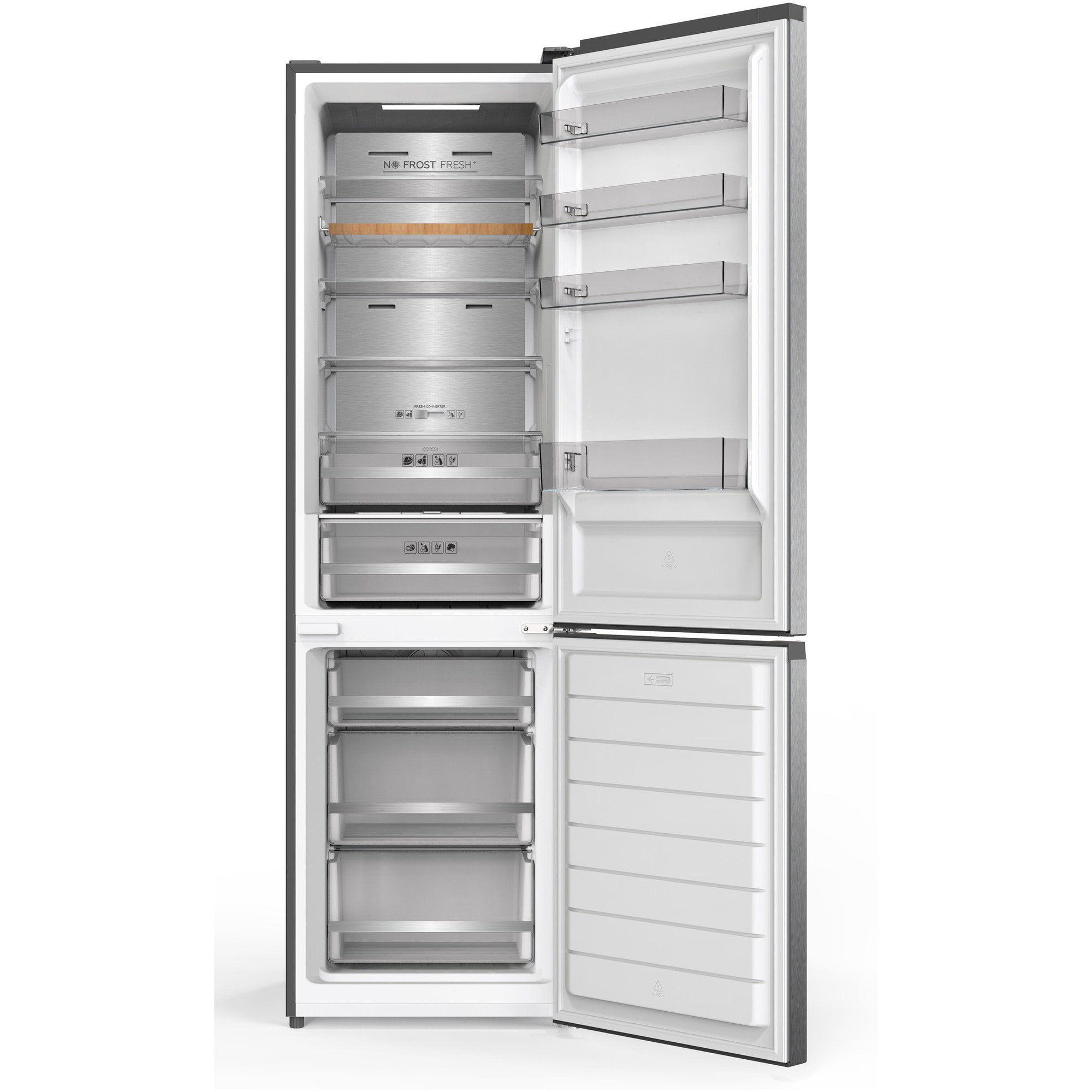 Ein offener Kühlschrank mit mehreren Fächern und Schubladen, teils aus Metall, teils aus Glas.