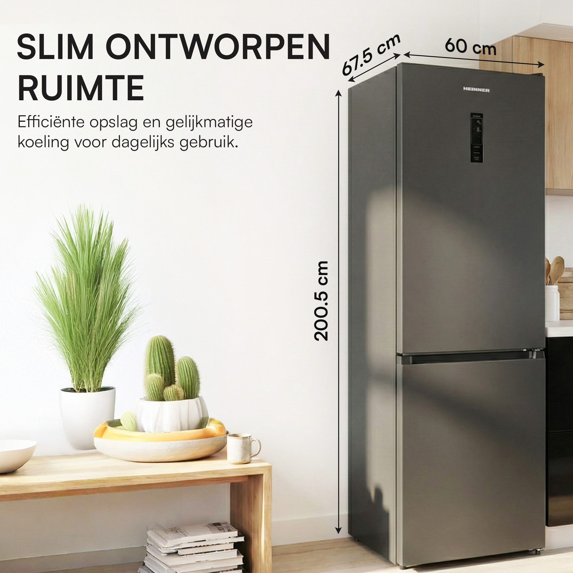 Schwarzer Kühlschrank, 200,5x67,5x60cm, mit Pflanzen und Deko.