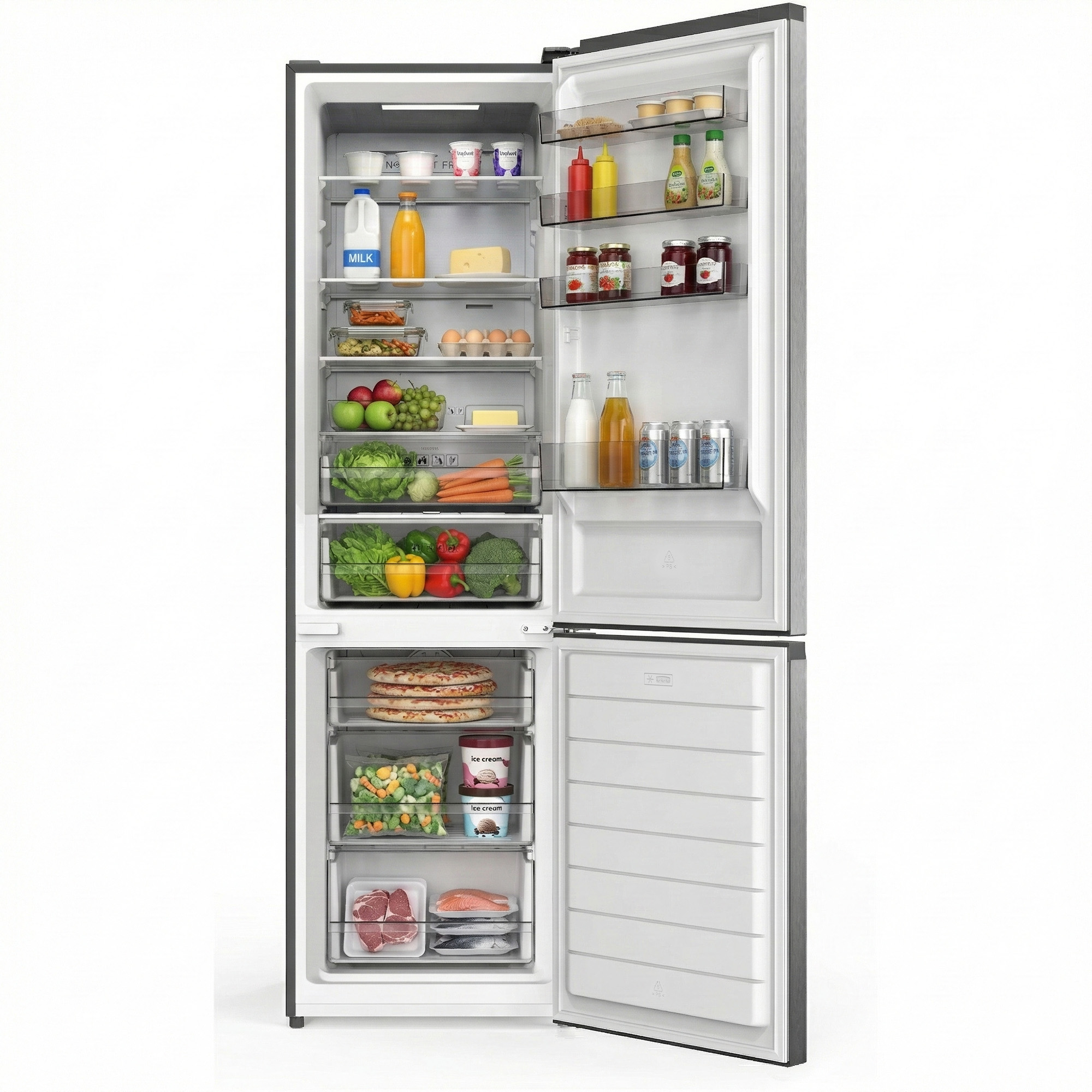 An open refrigerator stocked with milk, orange juice, eggs, vegetables, and meat.