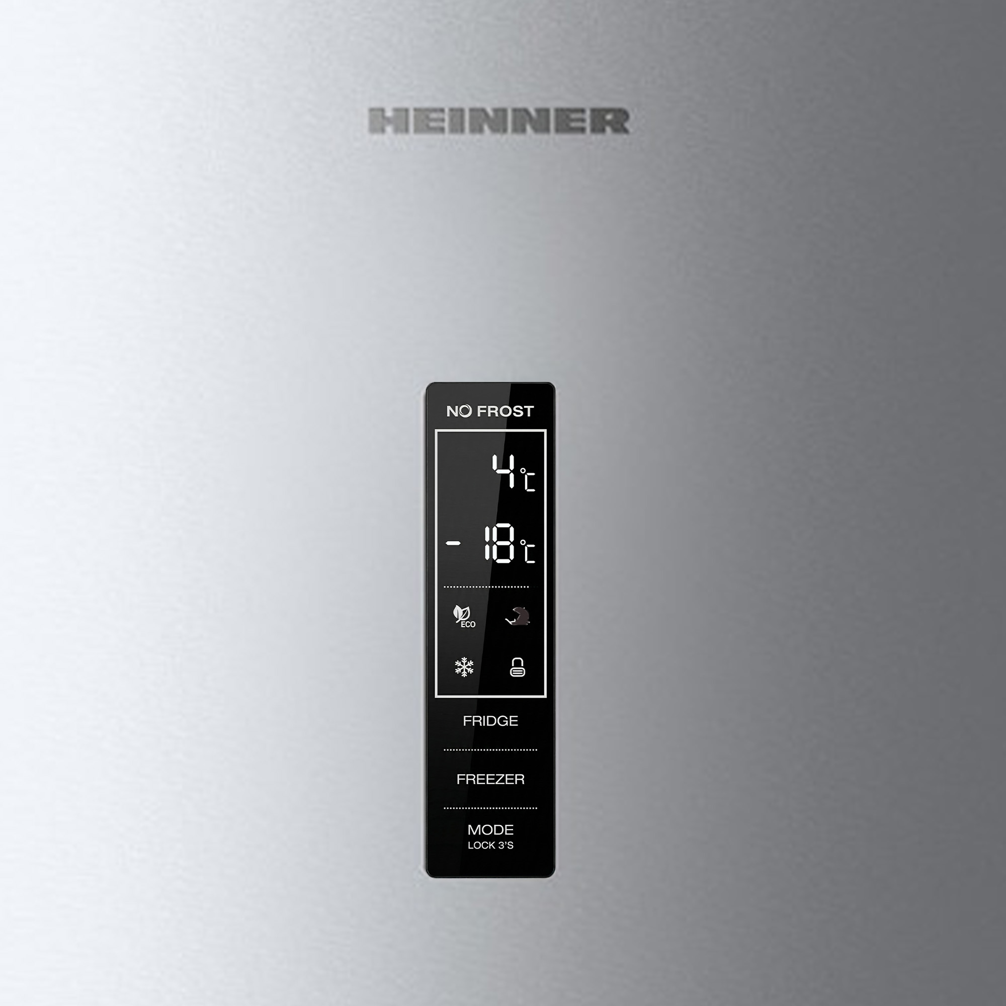 Heinner refrigerator with digital display showing 4°C fridge and -18°C freezer.