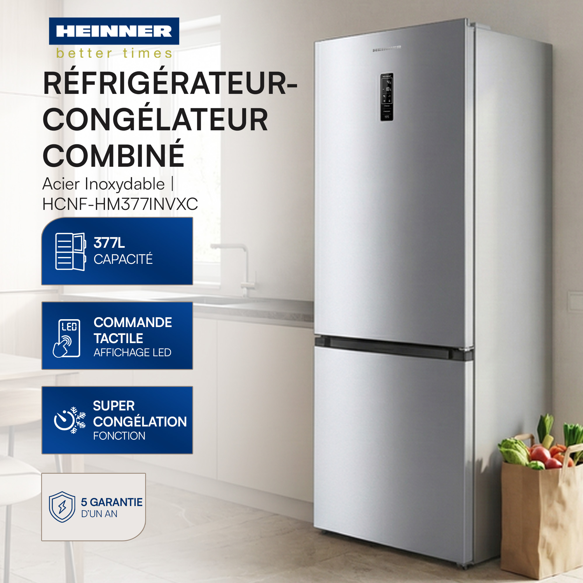 Silver refrigerator with touch control panel and a bag of groceries next to it.