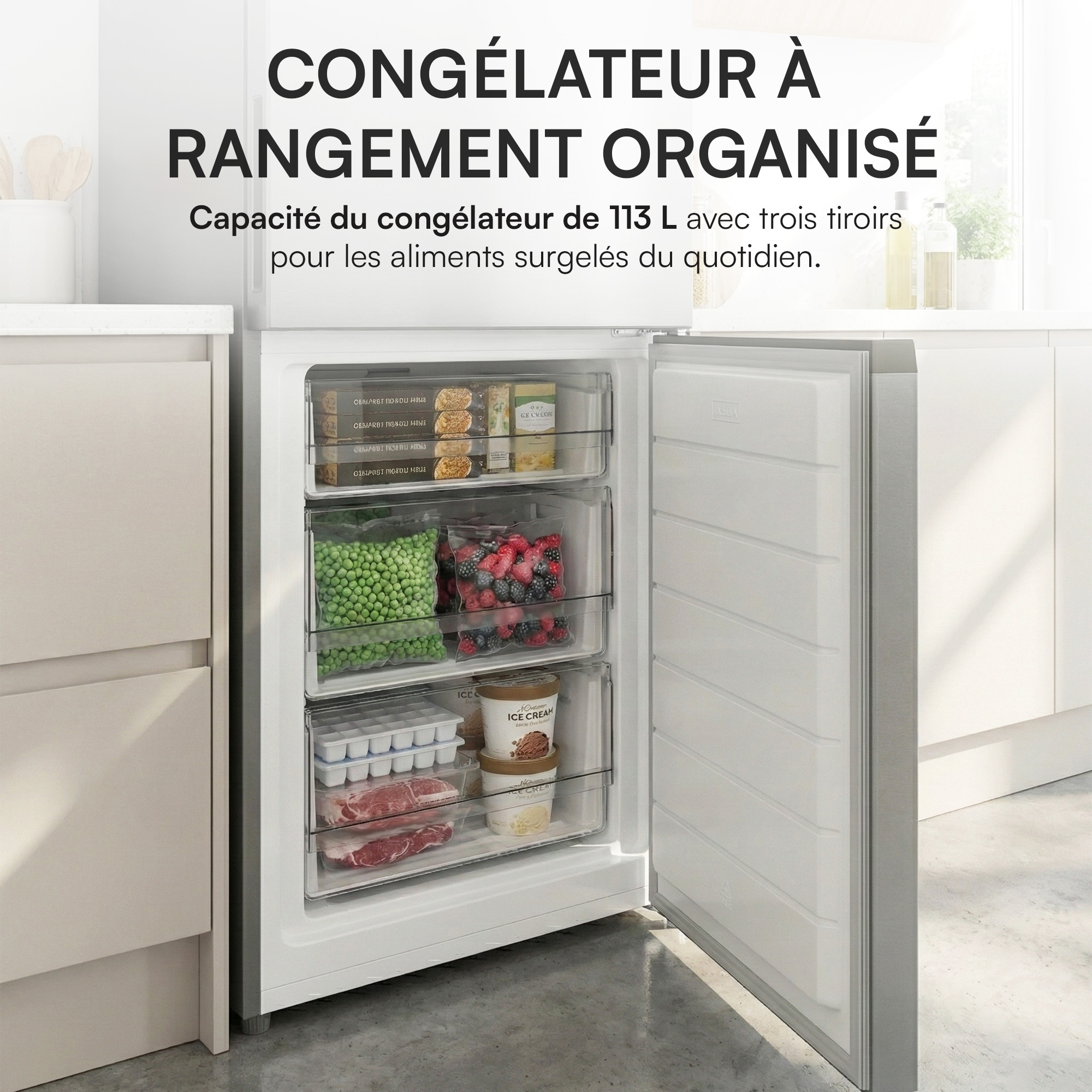 Open freezer with food items like peas, berries, ice cream, and meat.