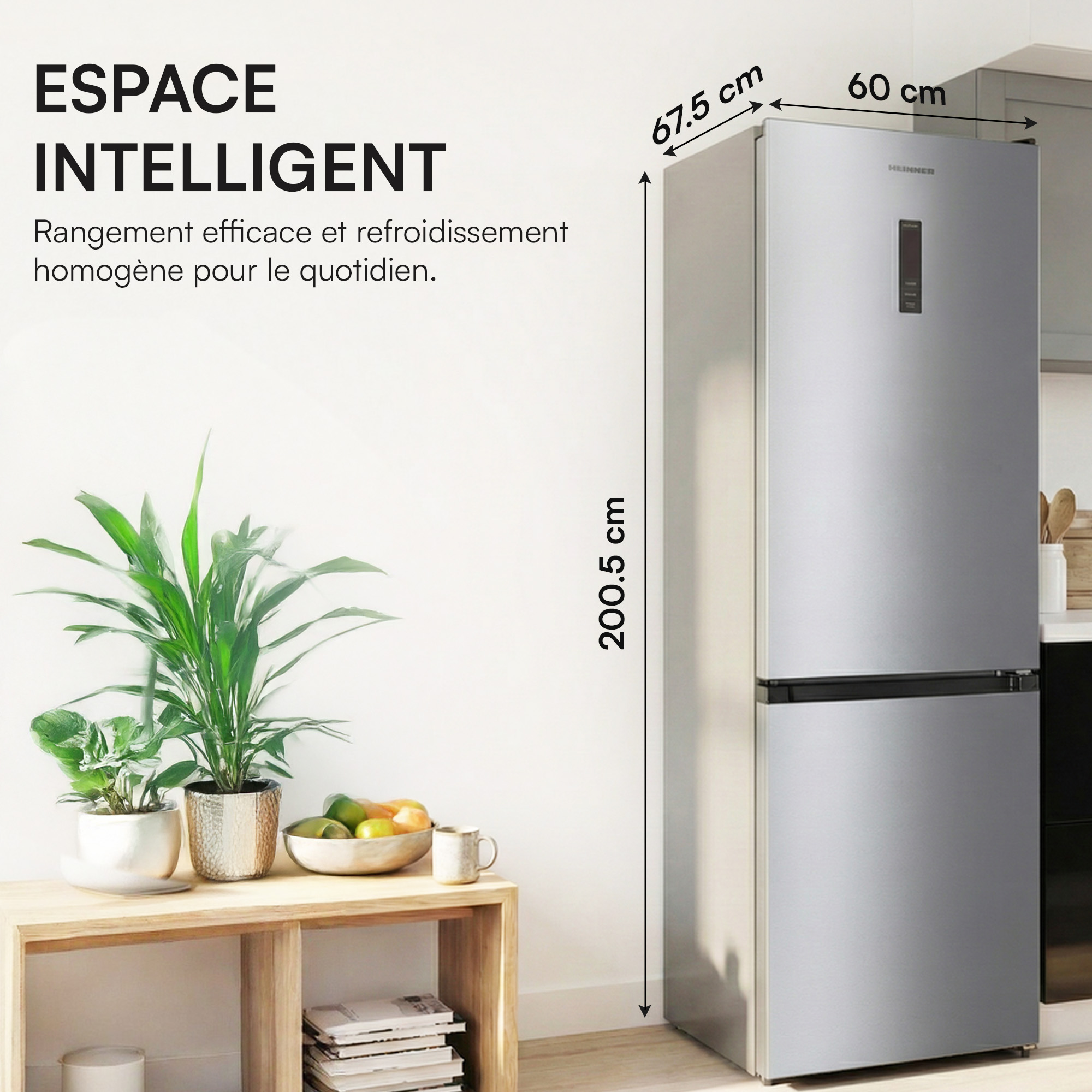 A silver refrigerator with dimensions 200.5 x 67.5 x 60 cm.