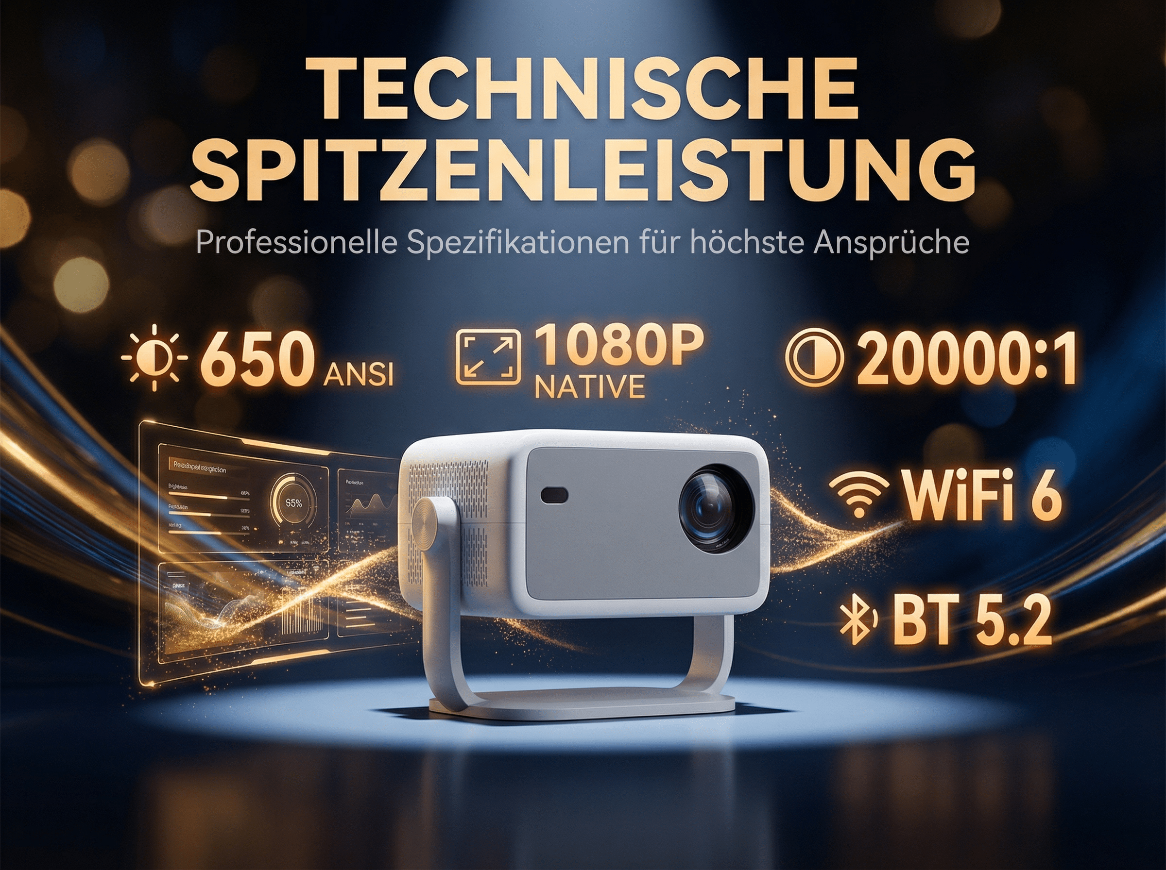 Moderner Projektor mit 650 ANSI Lumen, 1080p nativ, 20000:1 Kontrast, WiFi 6, BT 5.2.