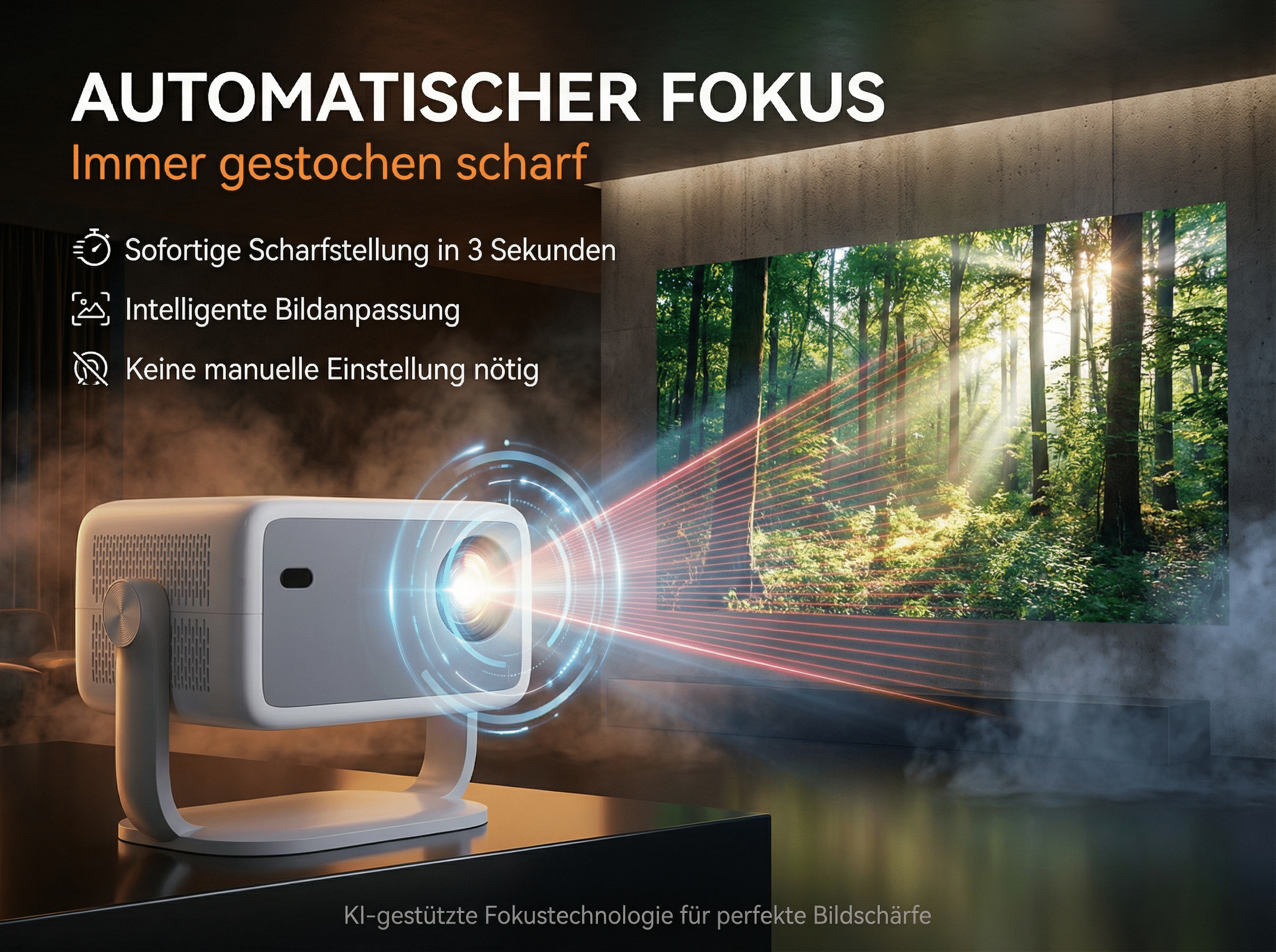 Ein weißer Projektor projiziert ein Waldbild mit Sonnenstrahlen. Fokuslinien.