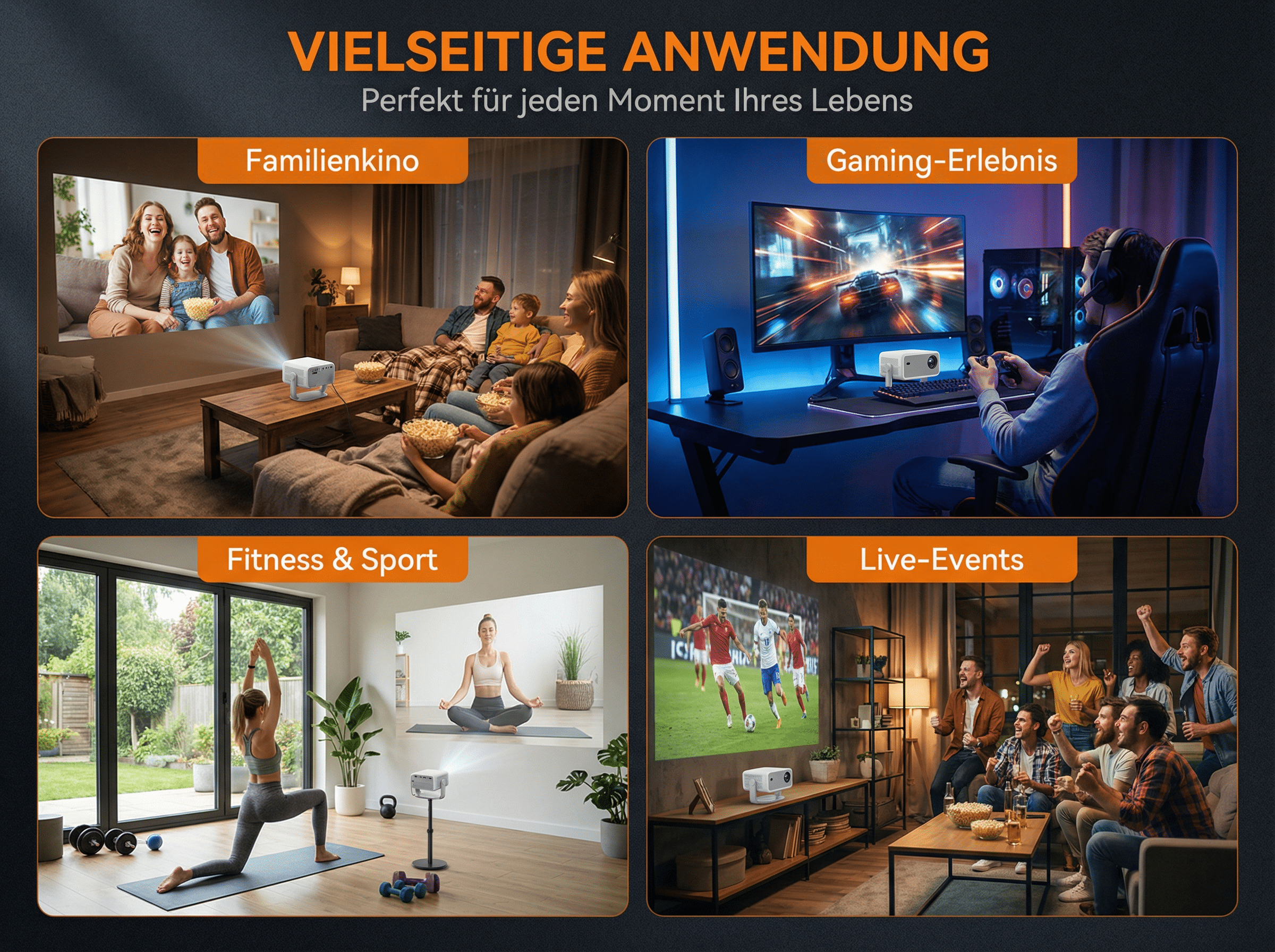 Vier Szenen zeigen Projektoren: Familie, Gaming, Yoga und Fußball.