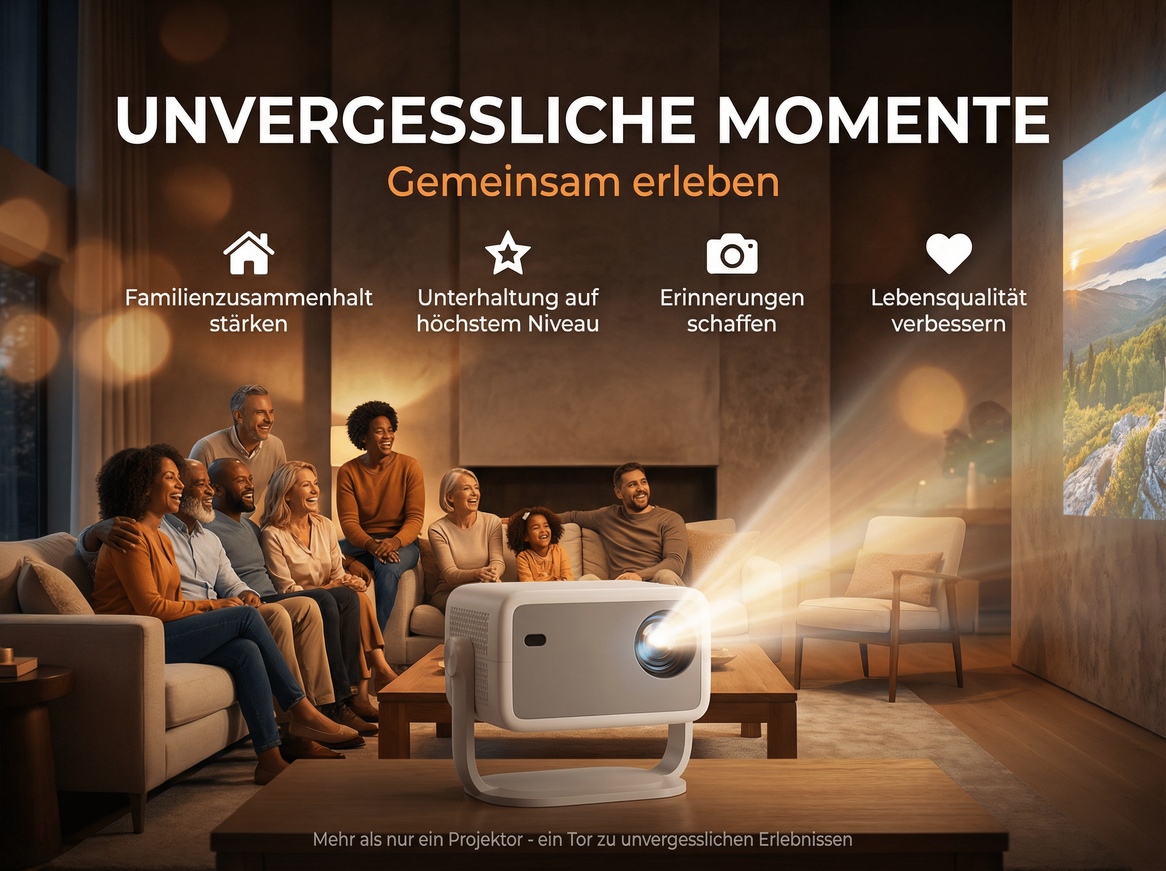 Familie schaut Film mit Projektor, der Helligkeit ausstrahlt.