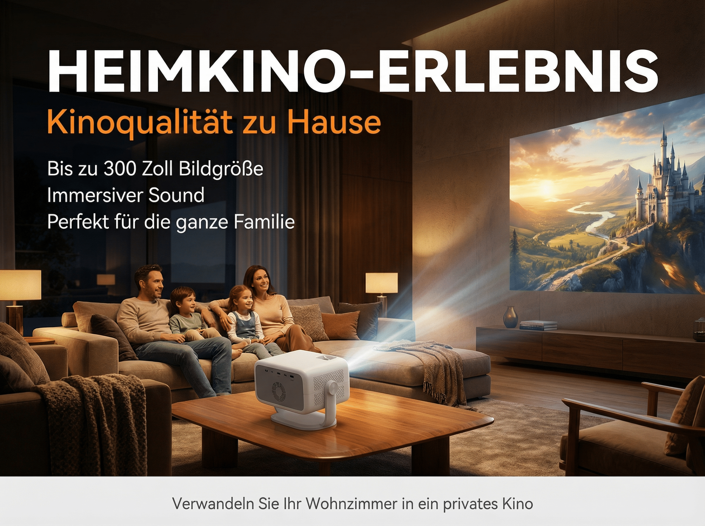 Familie schaut Film auf Sofa, Projektor wirft Bild einer Burg auf Leinwand.