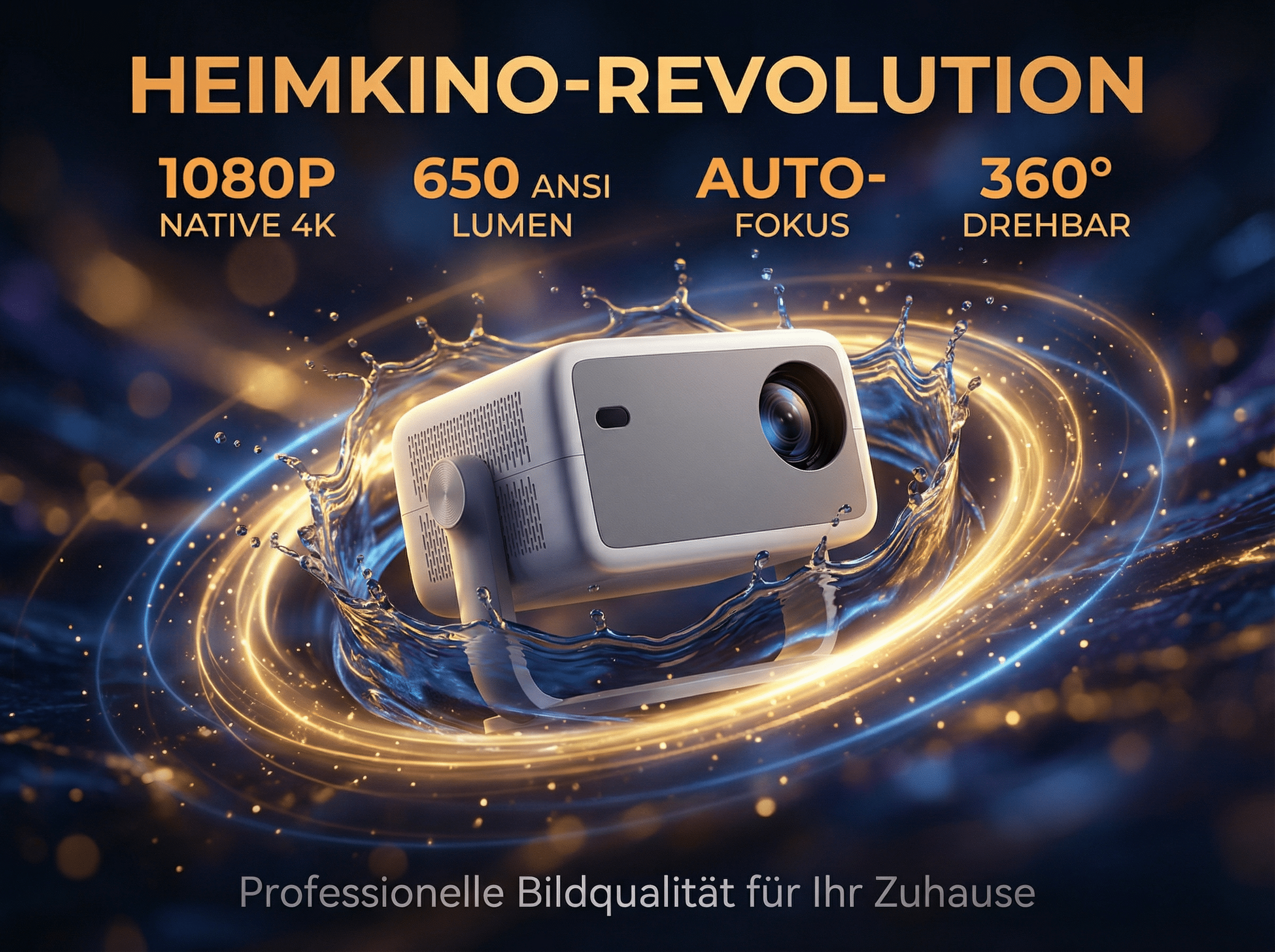 Ein Projektor mit 1080P, 650 Lumen, Autofokus und 360 Grad Drehbarkeit.